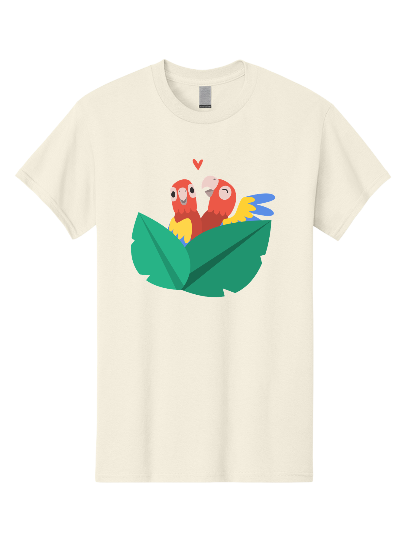 Love-Birds Men'S Graphic Tee, 100% Cotton, Comfortable Casual Summer Wear, Machine Washable, Cartoon Parrots, Red Parrots, Bird Couple, Love Birds, Tropical Birds, Colorful Feathers, Green Leaves, Red Heart, Yellow Beaks, Blue Wings Aab835