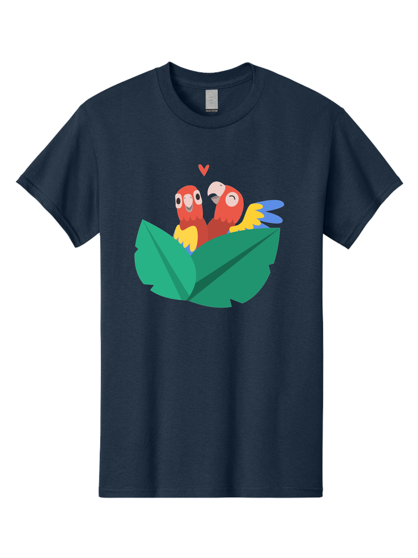 Love-Birds Men'S Graphic Tee, 100% Cotton, Comfortable Casual Summer Wear, Machine Washable, Cartoon Parrots, Red Parrots, Bird Couple, Love Birds, Tropical Birds, Colorful Feathers, Green Leaves, Red Heart, Yellow Beaks, Blue Wings Aab835