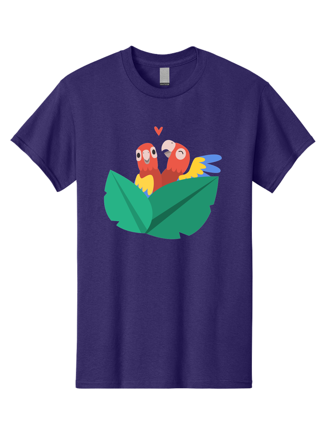 Love-Birds Men'S Graphic Tee, 100% Cotton, Comfortable Casual Summer Wear, Machine Washable, Cartoon Parrots, Red Parrots, Bird Couple, Love Birds, Tropical Birds, Colorful Feathers, Green Leaves, Red Heart, Yellow Beaks, Blue Wings Aab835