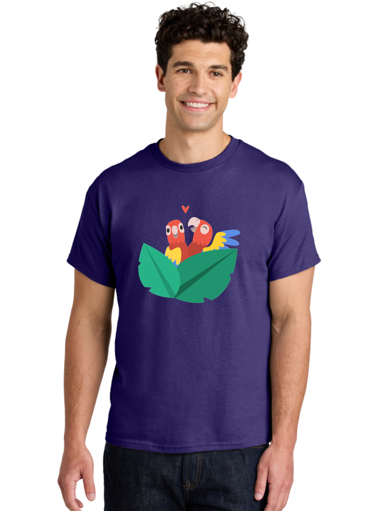 Love-Birds Men'S Graphic Tee, 100% Cotton, Comfortable Casual Summer Wear, Machine Washable, Cartoon Parrots, Red Parrots, Bird Couple, Love Birds, Tropical Birds, Colorful Feathers, Green Leaves, Red Heart, Yellow Beaks, Blue Wings Aab835