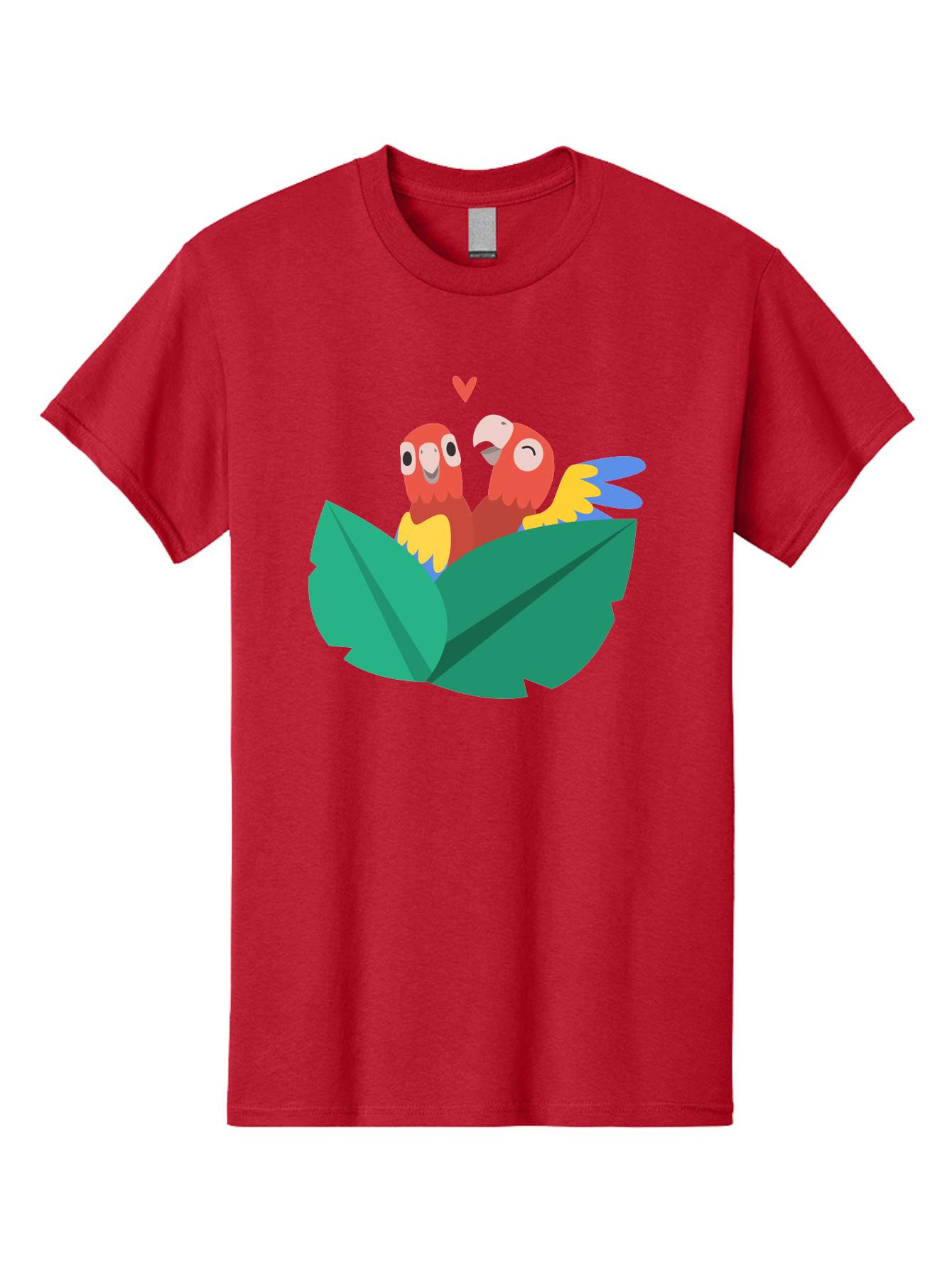 Love-Birds Men'S Graphic Tee, 100% Cotton, Comfortable Casual Summer Wear, Machine Washable, Cartoon Parrots, Red Parrots, Bird Couple, Love Birds, Tropical Birds, Colorful Feathers, Green Leaves, Red Heart, Yellow Beaks, Blue Wings Aab835