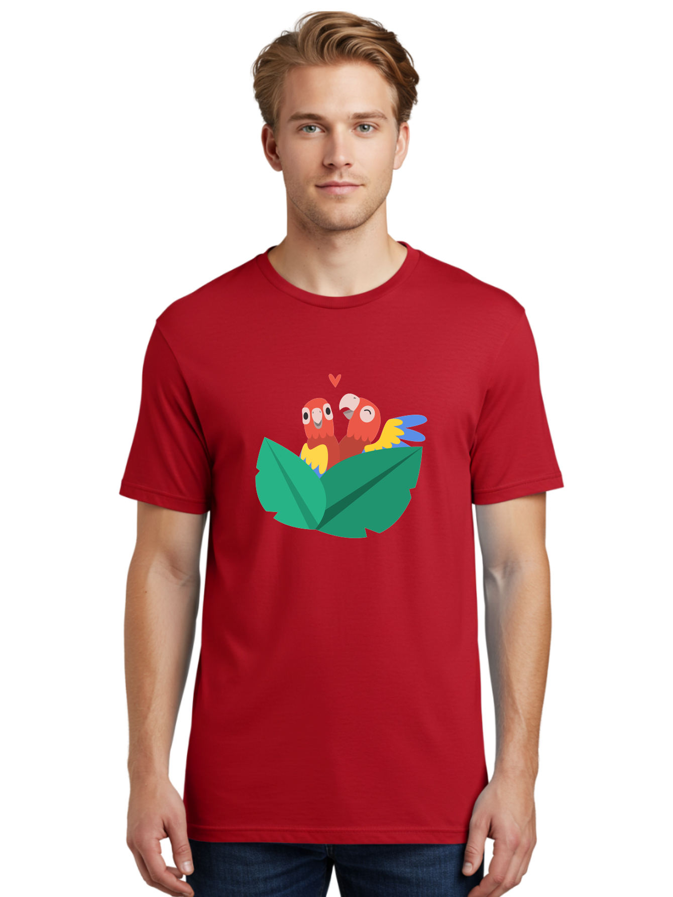 Love-Birds Men'S Graphic Tee, 100% Cotton, Comfortable Casual Summer Wear, Machine Washable, Cartoon Parrots, Red Parrots, Bird Couple, Love Birds, Tropical Birds, Colorful Feathers, Green Leaves, Red Heart, Yellow Beaks, Blue Wings Aab835