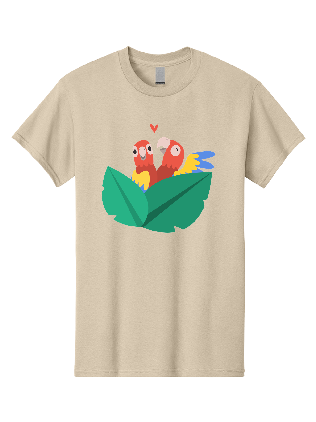 Love-Birds Men'S Graphic Tee, 100% Cotton, Comfortable Casual Summer Wear, Machine Washable, Cartoon Parrots, Red Parrots, Bird Couple, Love Birds, Tropical Birds, Colorful Feathers, Green Leaves, Red Heart, Yellow Beaks, Blue Wings Aab835