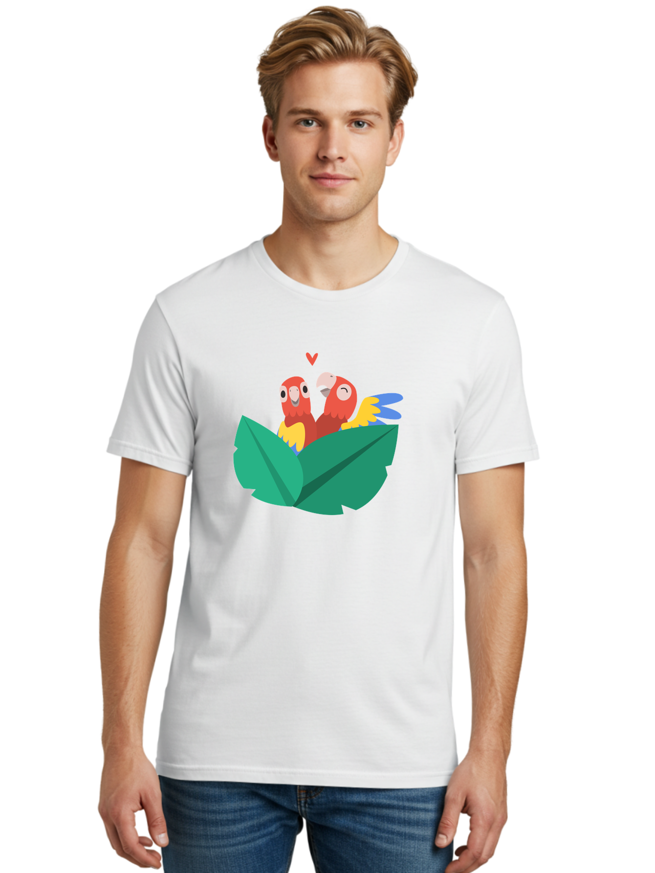 Love-Birds Men'S Graphic Tee, 100% Cotton, Comfortable Casual Summer Wear, Machine Washable, Cartoon Parrots, Red Parrots, Bird Couple, Love Birds, Tropical Birds, Colorful Feathers, Green Leaves, Red Heart, Yellow Beaks, Blue Wings Aab835
