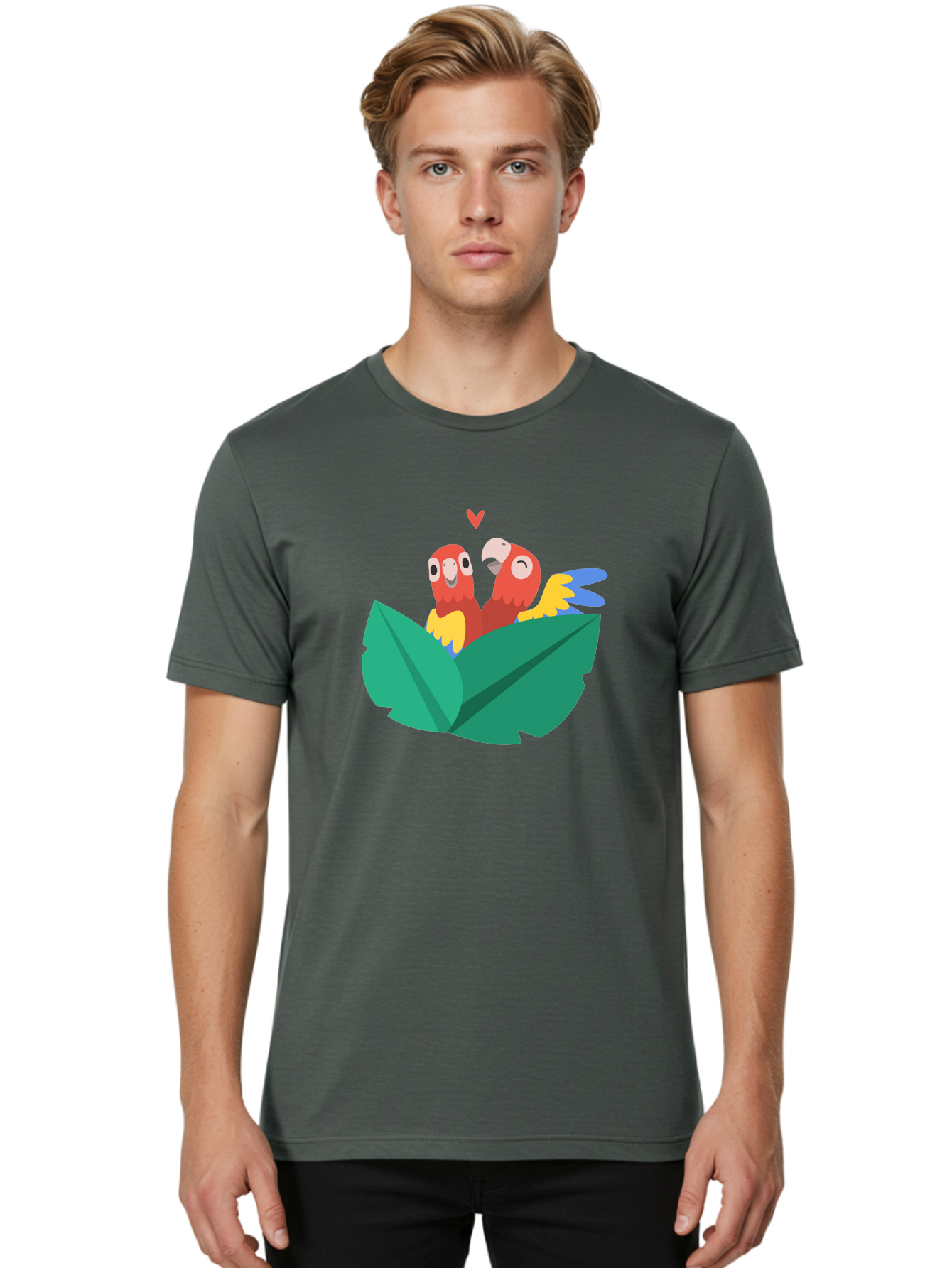 Lovebirds-Parrots Men'S Graphic Tee, 100% Cotton, Comfortable Casual Summer Wear, Machine Washable, Two Parrots, Red Parrots, Yellow And Blue Wings, Love Birds, Cartoon Parrots, Parrot Couple, Parrot Love, Bird Lovers Aab837