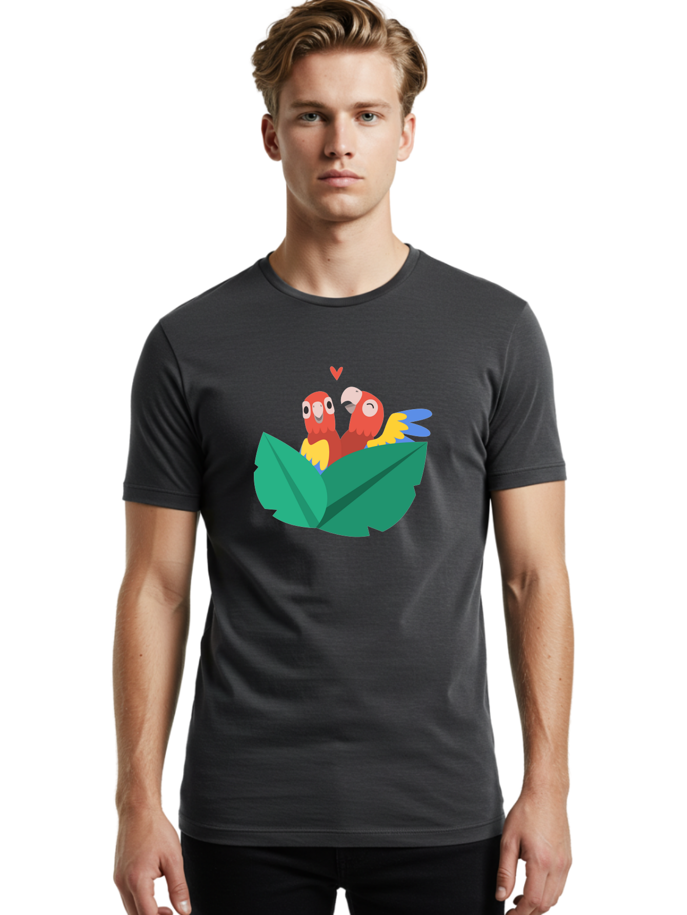 Lovebirds-Parrots Men'S Graphic Tee, 100% Cotton, Comfortable Casual Summer Wear, Machine Washable, Two Parrots, Red Parrots, Yellow And Blue Wings, Love Birds, Cartoon Parrots, Parrot Couple, Parrot Love, Bird Lovers Aab837