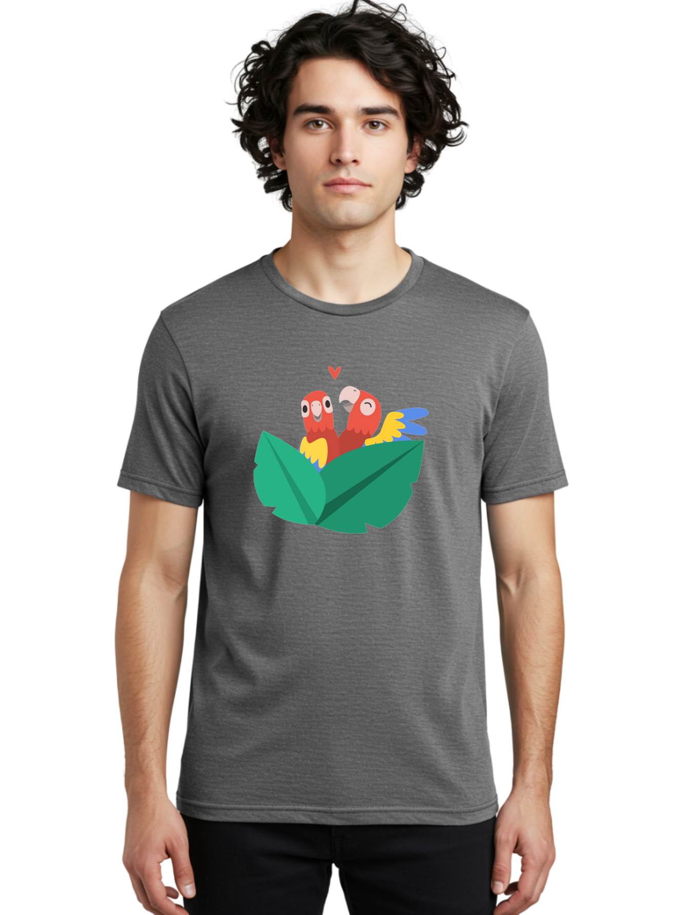 Lovebirds-Parrots Men'S Graphic Tee, 100% Cotton, Comfortable Casual Summer Wear, Machine Washable, Two Parrots, Red Parrots, Yellow And Blue Wings, Love Birds, Cartoon Parrots, Parrot Couple, Parrot Love, Bird Lovers Aab837