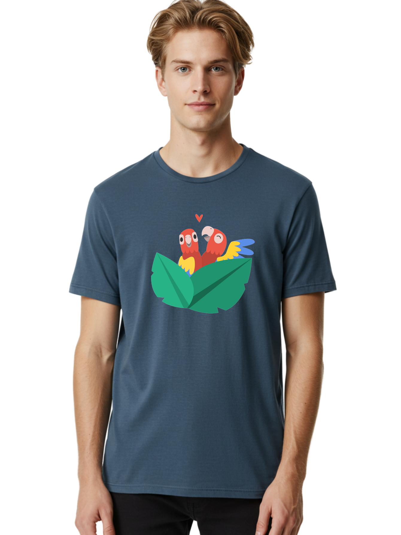 Lovebirds-Parrots Men'S Graphic Tee, 100% Cotton, Comfortable Casual Summer Wear, Machine Washable, Two Parrots, Red Parrots, Yellow And Blue Wings, Love Birds, Cartoon Parrots, Parrot Couple, Parrot Love, Bird Lovers Aab837