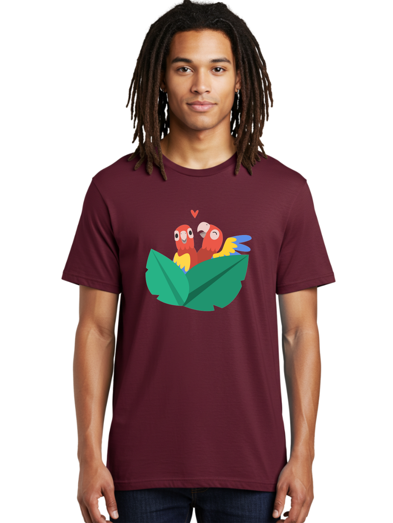 Lovebirds-Parrots Men'S Graphic Tee, 100% Cotton, Comfortable Casual Summer Wear, Machine Washable, Two Parrots, Red Parrots, Yellow And Blue Wings, Love Birds, Cartoon Parrots, Parrot Couple, Parrot Love, Bird Lovers Aab837
