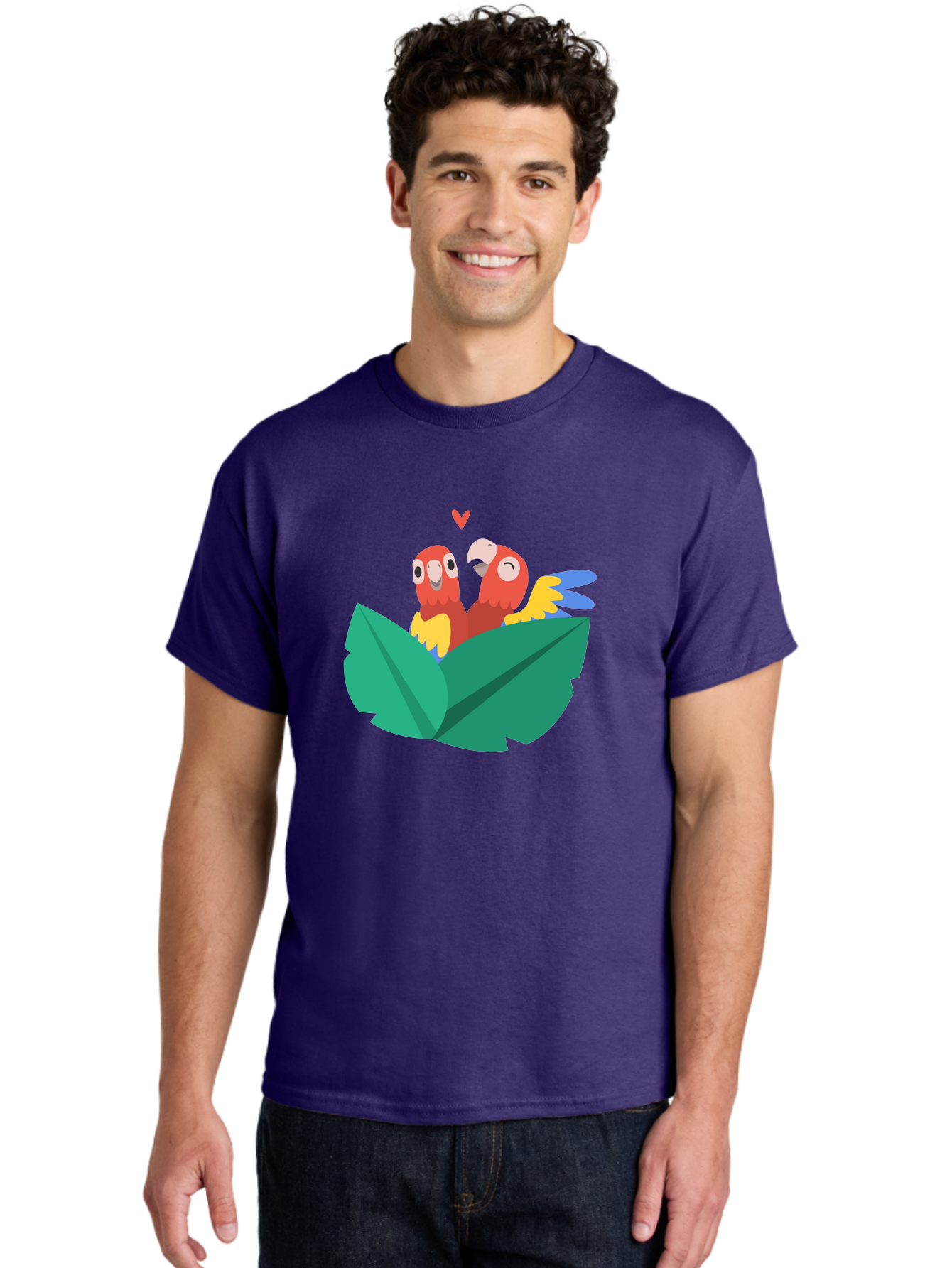 Lovebirds-Parrots Men'S Graphic Tee, 100% Cotton, Comfortable Casual Summer Wear, Machine Washable, Two Parrots, Red Parrots, Yellow And Blue Wings, Love Birds, Cartoon Parrots, Parrot Couple, Parrot Love, Bird Lovers Aab837