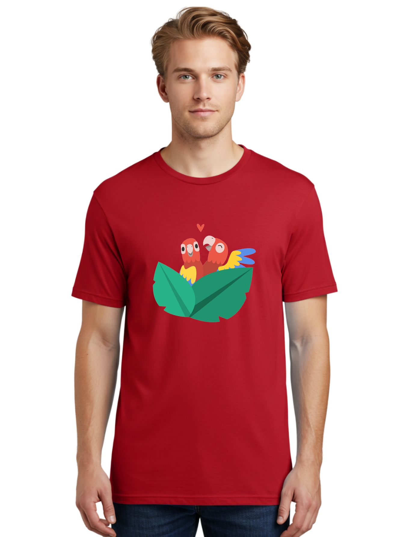 Lovebirds-Parrots Men'S Graphic Tee, 100% Cotton, Comfortable Casual Summer Wear, Machine Washable, Two Parrots, Red Parrots, Yellow And Blue Wings, Love Birds, Cartoon Parrots, Parrot Couple, Parrot Love, Bird Lovers Aab837