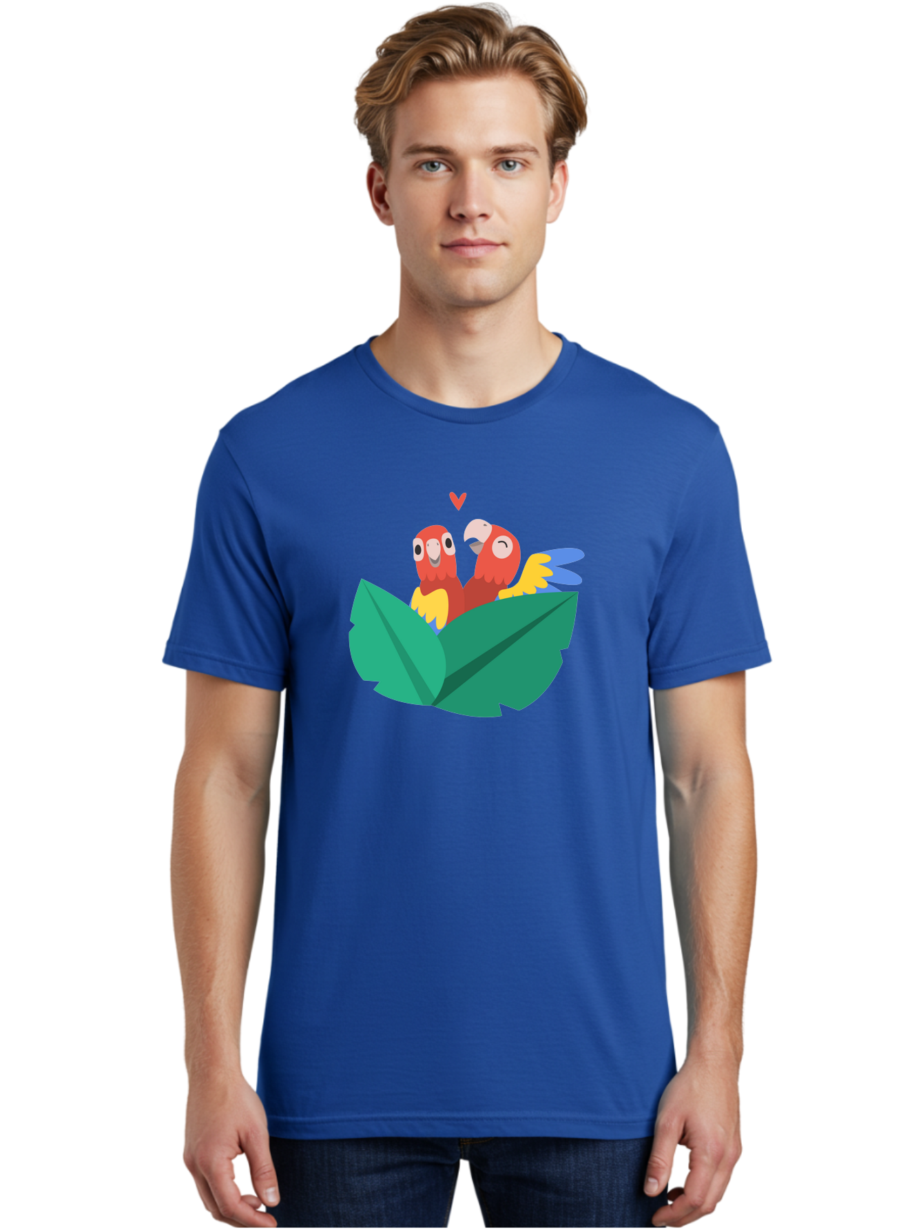 Lovebirds-Parrots Men'S Graphic Tee, 100% Cotton, Comfortable Casual Summer Wear, Machine Washable, Two Parrots, Red Parrots, Yellow And Blue Wings, Love Birds, Cartoon Parrots, Parrot Couple, Parrot Love, Bird Lovers Aab837