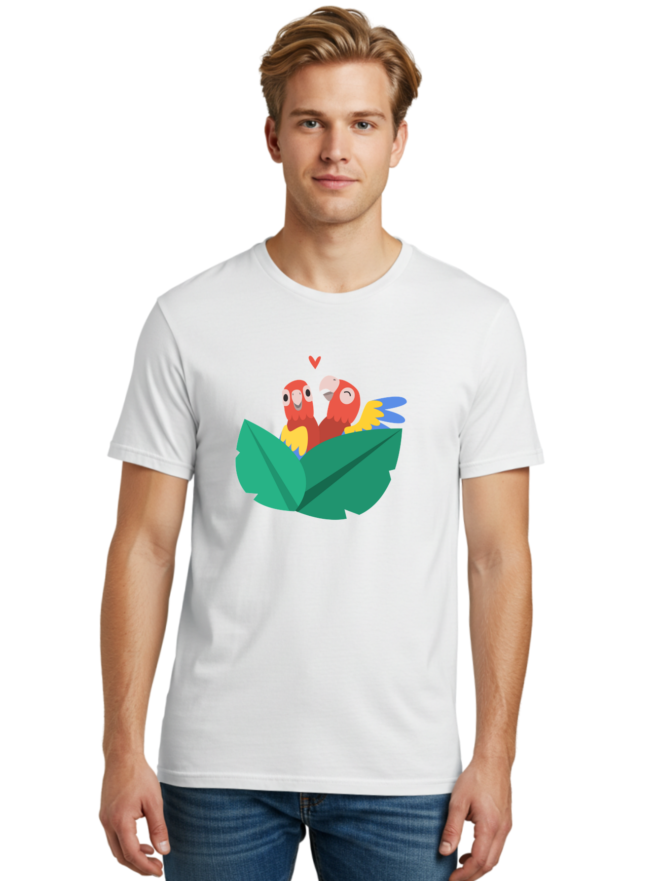 Lovebirds-Parrots Men'S Graphic Tee, 100% Cotton, Comfortable Casual Summer Wear, Machine Washable, Two Parrots, Red Parrots, Yellow And Blue Wings, Love Birds, Cartoon Parrots, Parrot Couple, Parrot Love, Bird Lovers Aab837