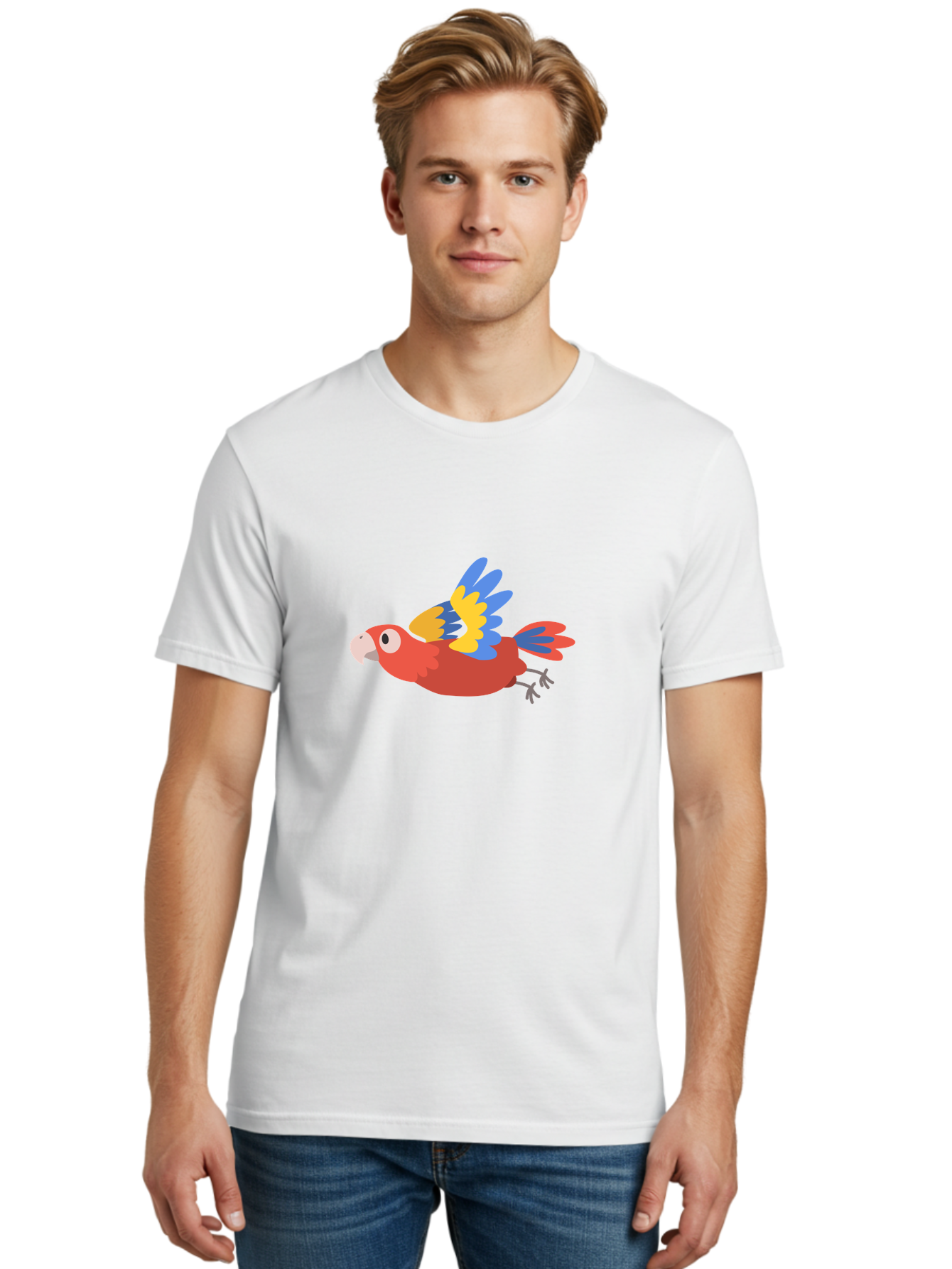 Macaw-1 Men'S Graphic Tee, 100% Cotton, Comfortable Casual Summer Wear, Machine Washable, Red, Blue And Yellow Macaw, Colorful Parrot, Vibrant Plumage, Tropical Bird, Cartoon Style, Flying Macaw, Parrot Illustration Aab838