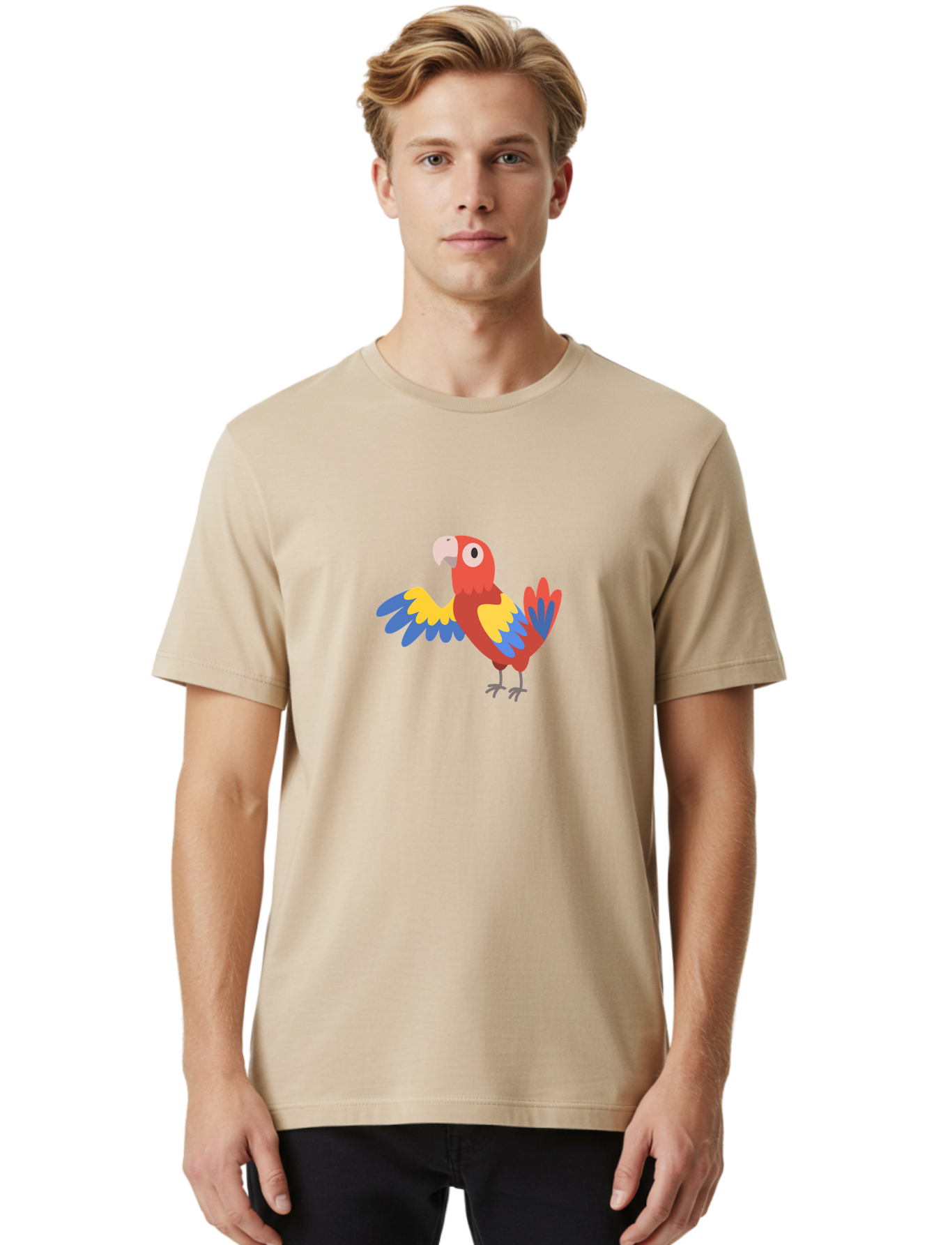 Macaw Men'S Graphic Tee, 100% Cotton, Comfortable Casual Summer Wear, Machine Washable, Colorful Parrot, Vibrant Red And Blue And Yellow Feathers, Cartoon Bird, Tropical Animal, Exotic Pet, Playful Creature Aab840