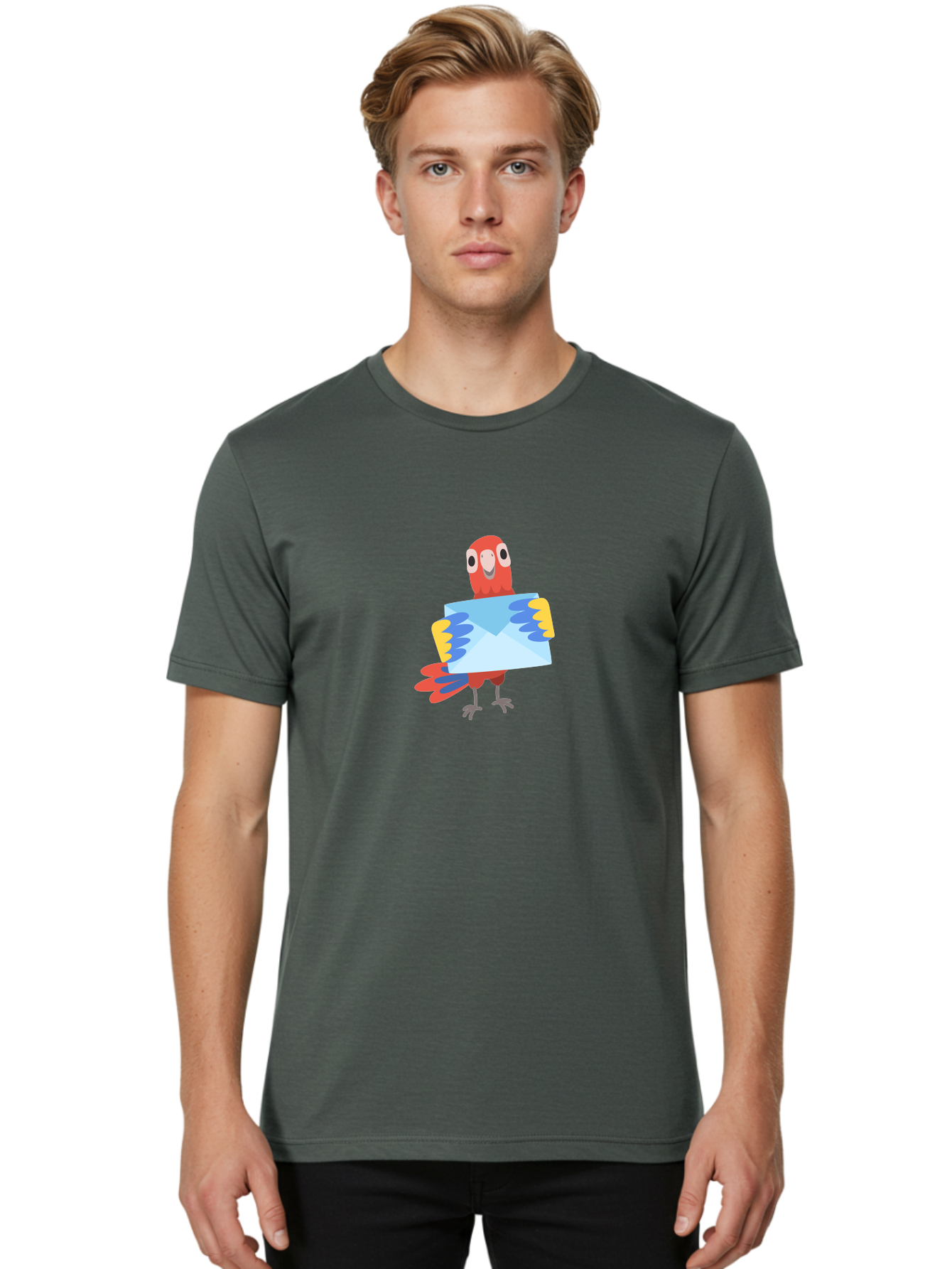 Mail-Parrot Men'S Graphic Tee, 100% Cotton, Comfortable Casual Summer Wear, Machine Washable, Colorful Cartoon Parrot, Red And Blue Bird, Email Symbol, Envelope Icon, Vibrant Plumage, Playful Illustration, Bird Holding Letter Aab841