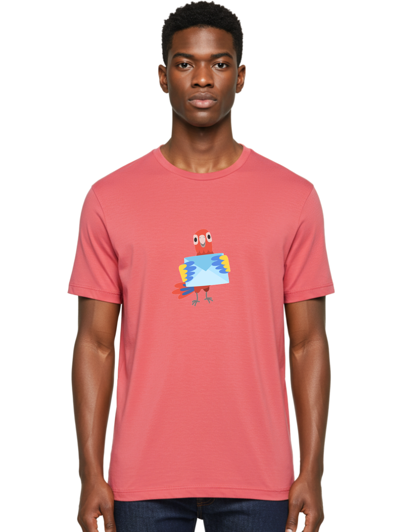 Mail-Parrot Men'S Graphic Tee, 100% Cotton, Comfortable Casual Summer Wear, Machine Washable, Colorful Cartoon Parrot, Red And Blue Bird, Email Symbol, Envelope Icon, Vibrant Plumage, Playful Illustration, Bird Holding Letter Aab841