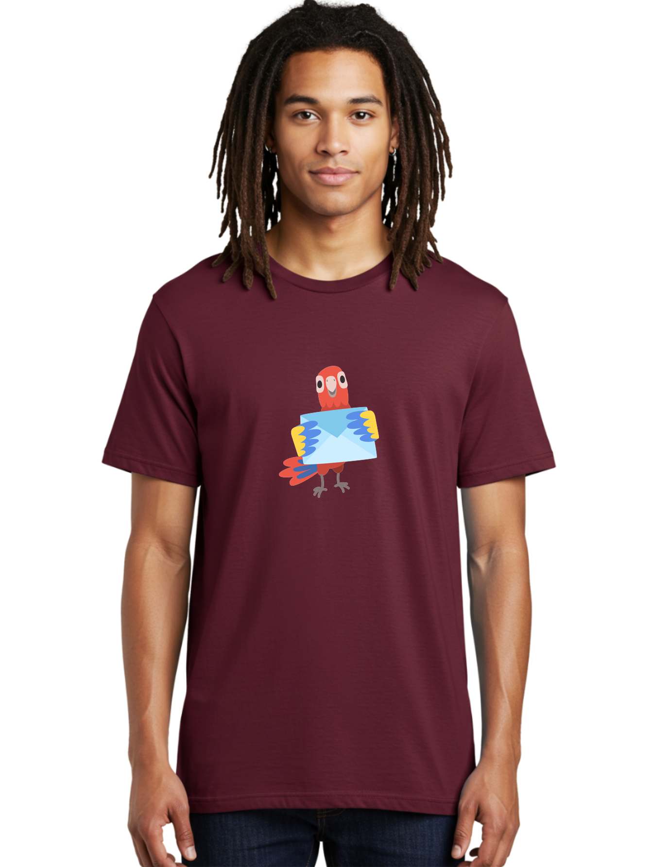 Mail-Parrot Men'S Graphic Tee, 100% Cotton, Comfortable Casual Summer Wear, Machine Washable, Colorful Cartoon Parrot, Red And Blue Bird, Email Symbol, Envelope Icon, Vibrant Plumage, Playful Illustration, Bird Holding Letter Aab841