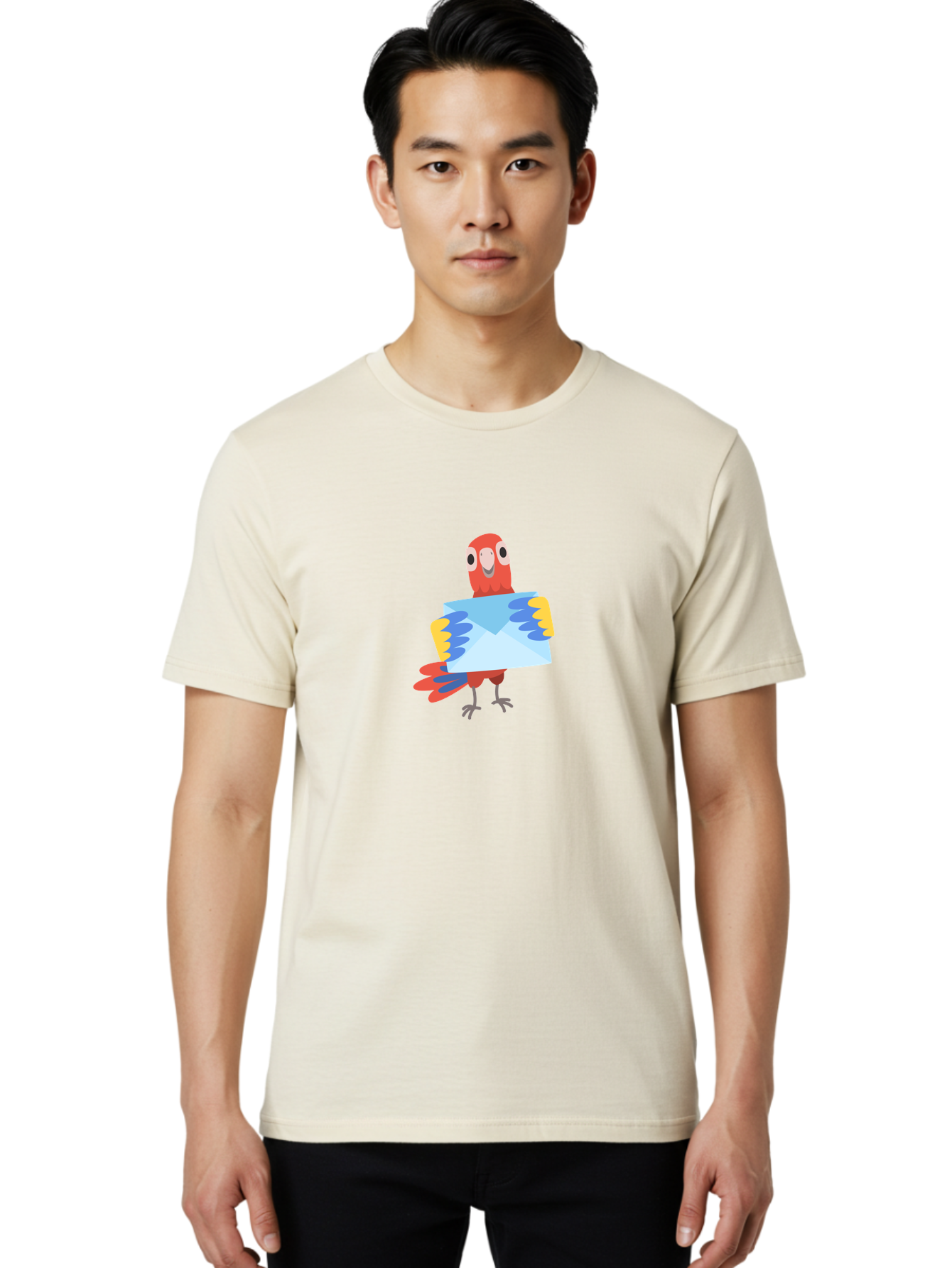 Mail-Parrot Men'S Graphic Tee, 100% Cotton, Comfortable Casual Summer Wear, Machine Washable, Colorful Cartoon Parrot, Red And Blue Bird, Email Symbol, Envelope Icon, Vibrant Plumage, Playful Illustration, Bird Holding Letter Aab841