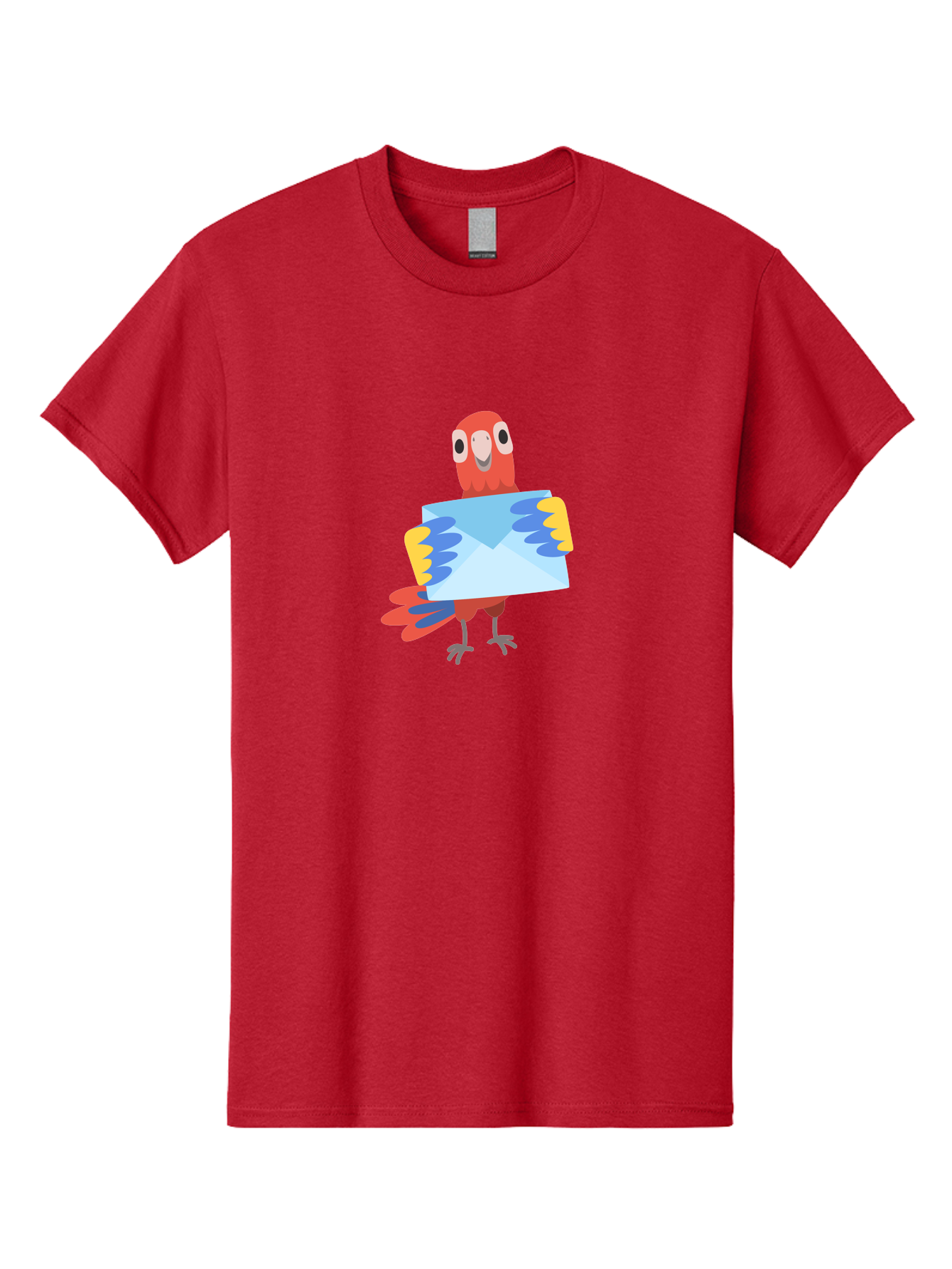 Mail-Parrot Men'S Graphic Tee, 100% Cotton, Comfortable Casual Summer Wear, Machine Washable, Colorful Cartoon Parrot, Red And Blue Bird, Email Symbol, Envelope Icon, Vibrant Plumage, Playful Illustration, Bird Holding Letter Aab841