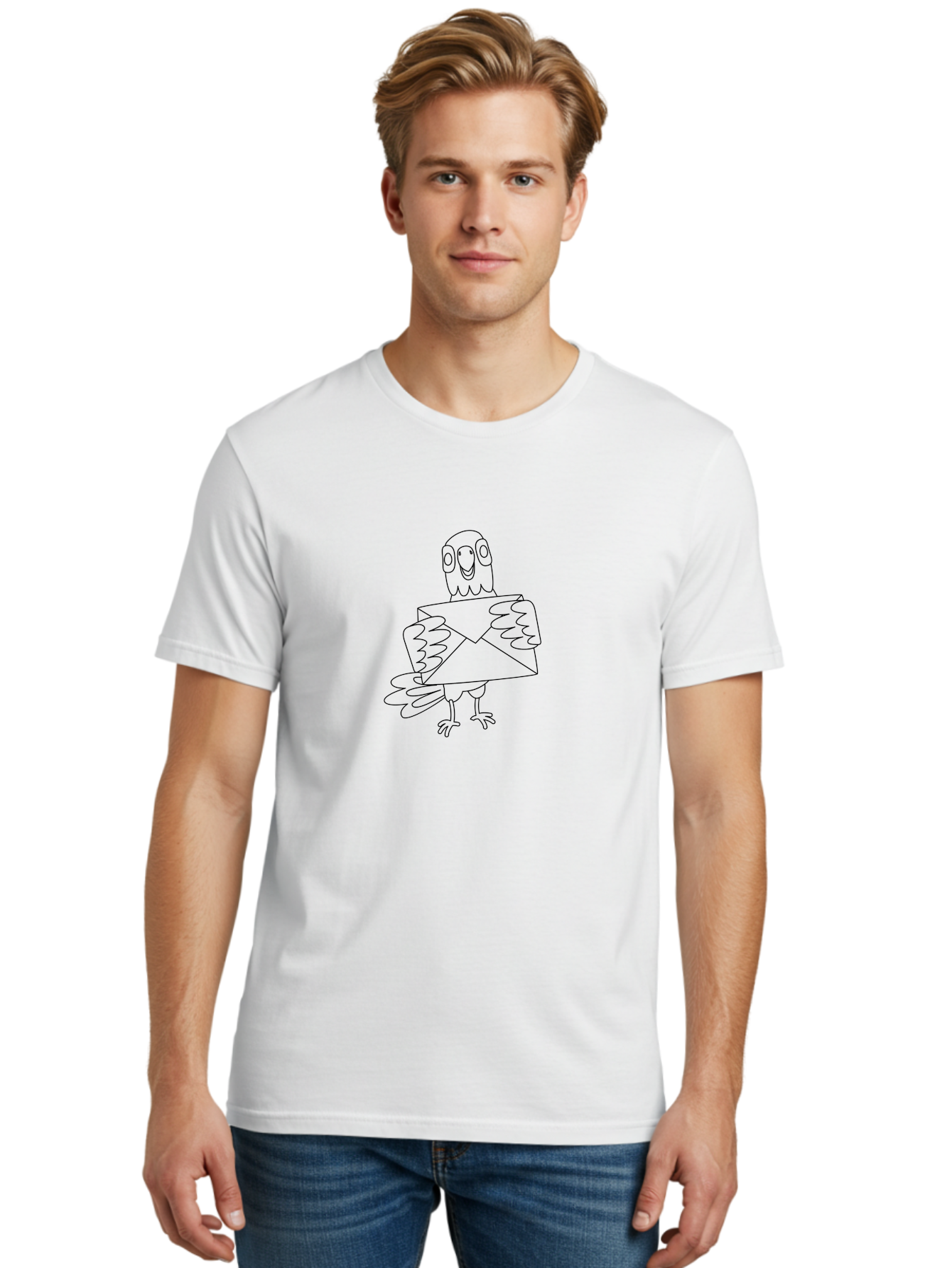 Owl-Holding-Envelope Men'S Graphic Tee, 100% Cotton, Comfortable Casual Summer Wear, Machine Washable, Cartoon Parrot, Envelope Delivery, Happy Bird, Quirky Illustration, Mail Service, Funny Animal, Simple Design, Cute Character, Aab844