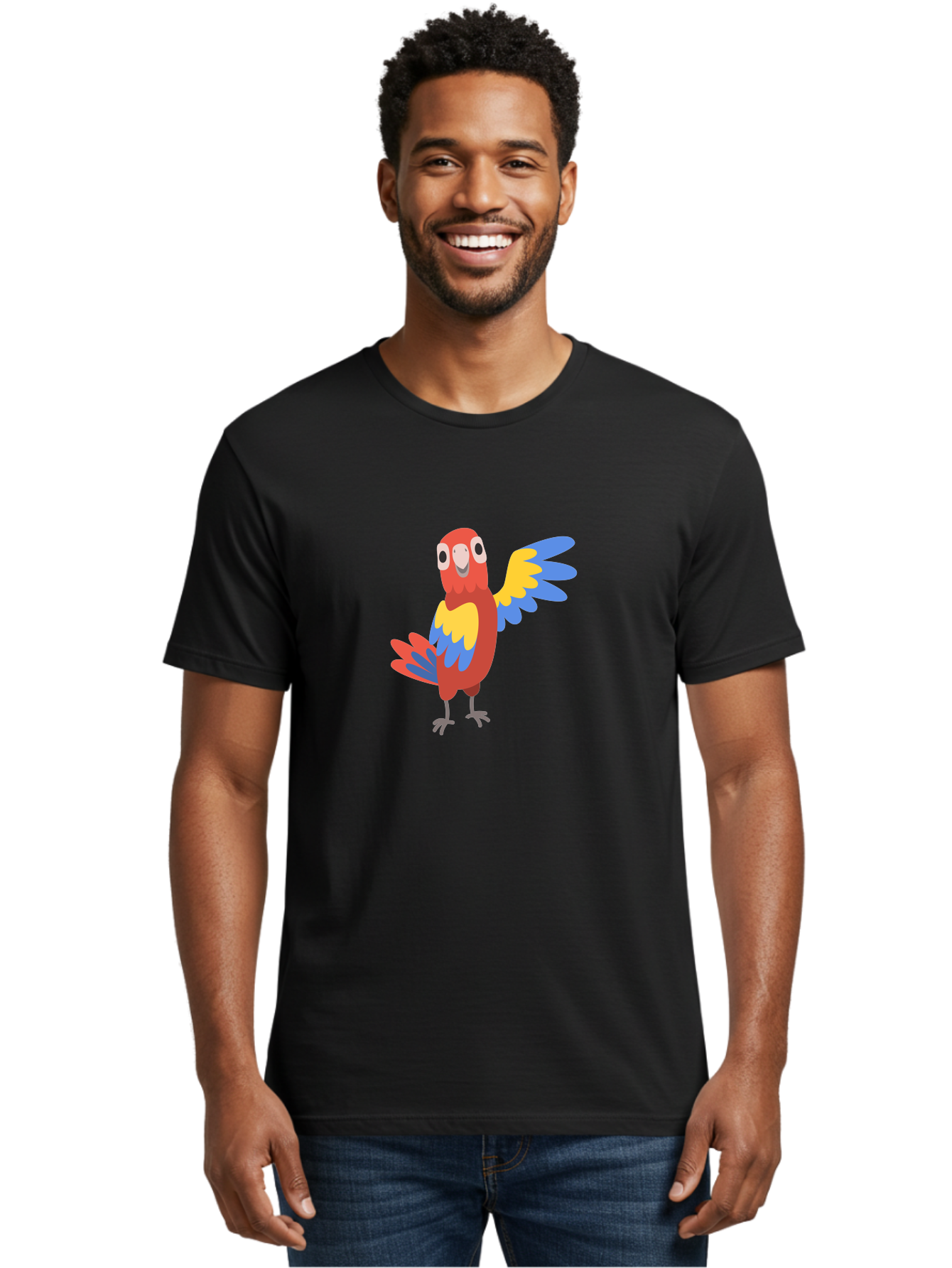 Parrot-1 Men'S Graphic Tee, 100% Cotton, Comfortable Casual Summer Wear, Machine Washable, Colorful Parrot, Cartoon Bird, Vibrant Red, Yellow, Blue Hues, Playful Wings, Happy Expression, Animated Character, Whimsical Design, Quirky Style Aab847