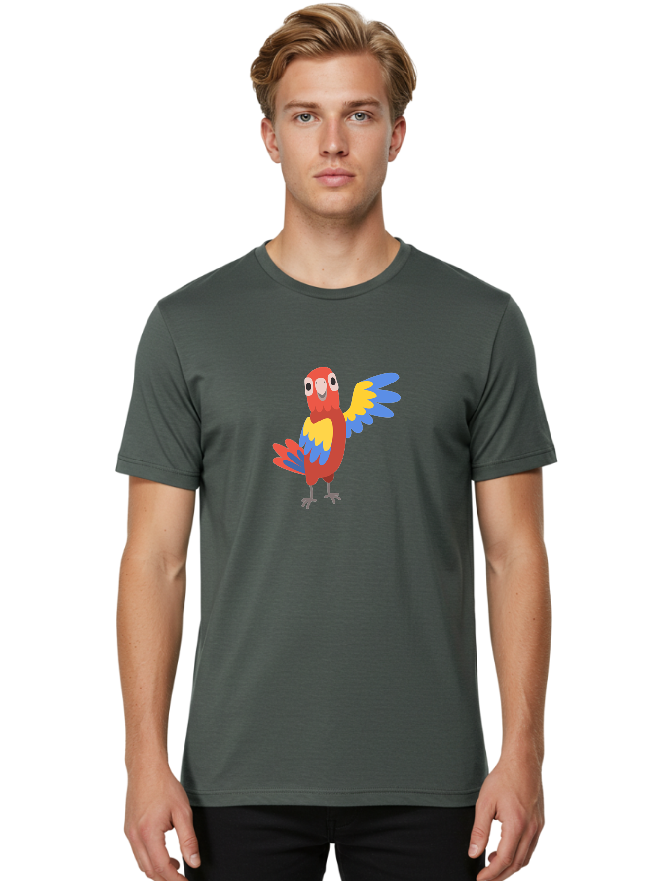 Parrot-1 Men'S Graphic Tee, 100% Cotton, Comfortable Casual Summer Wear, Machine Washable, Colorful Parrot, Cartoon Bird, Vibrant Red, Yellow, Blue Hues, Playful Wings, Happy Expression, Animated Character, Whimsical Design, Quirky Style Aab847
