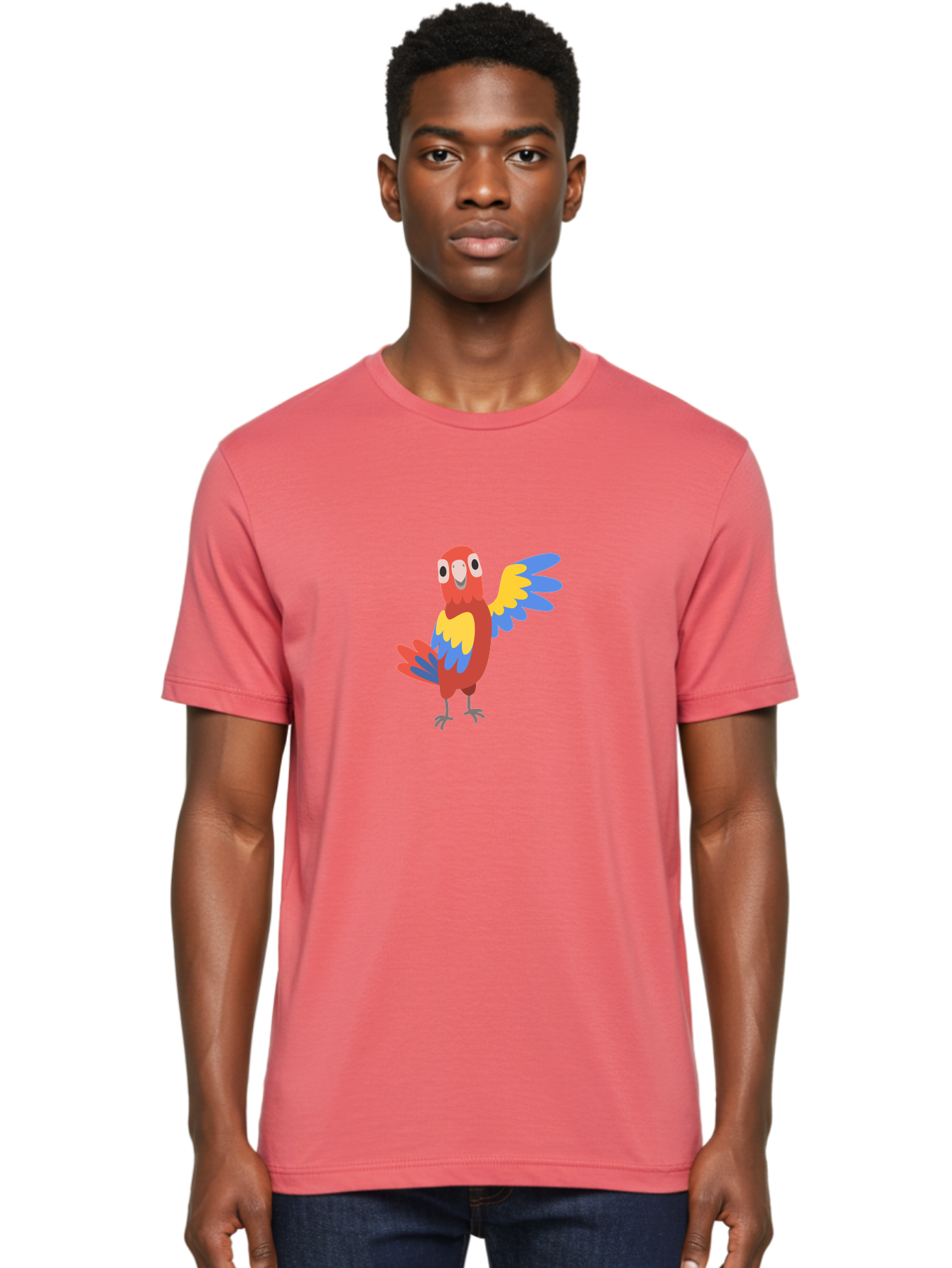 Parrot-1 Men'S Graphic Tee, 100% Cotton, Comfortable Casual Summer Wear, Machine Washable, Colorful Parrot, Cartoon Bird, Vibrant Red, Yellow, Blue Hues, Playful Wings, Happy Expression, Animated Character, Whimsical Design, Quirky Style Aab847