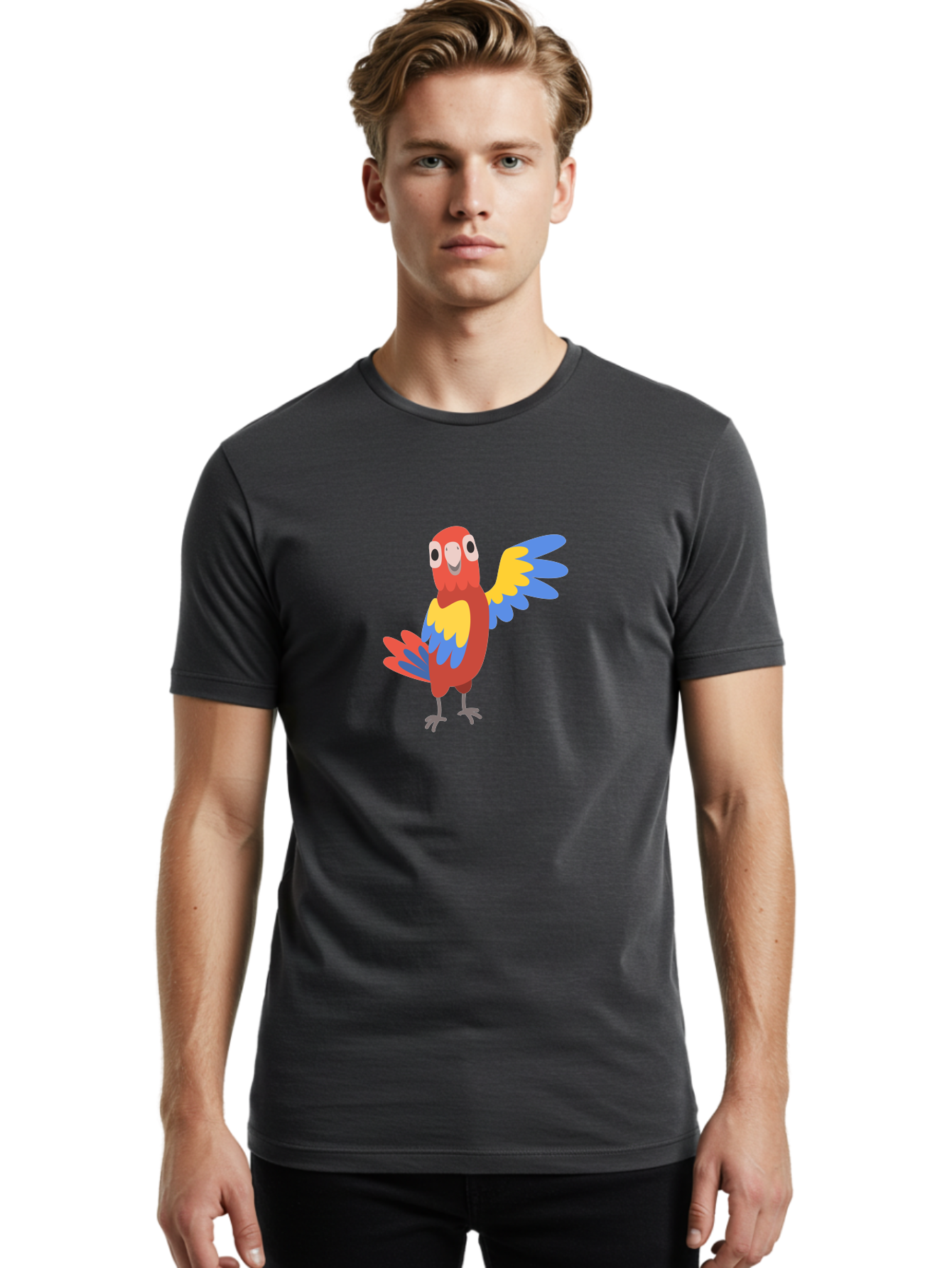 Parrot-1 Men'S Graphic Tee, 100% Cotton, Comfortable Casual Summer Wear, Machine Washable, Colorful Parrot, Cartoon Bird, Vibrant Red, Yellow, Blue Hues, Playful Wings, Happy Expression, Animated Character, Whimsical Design, Quirky Style Aab847