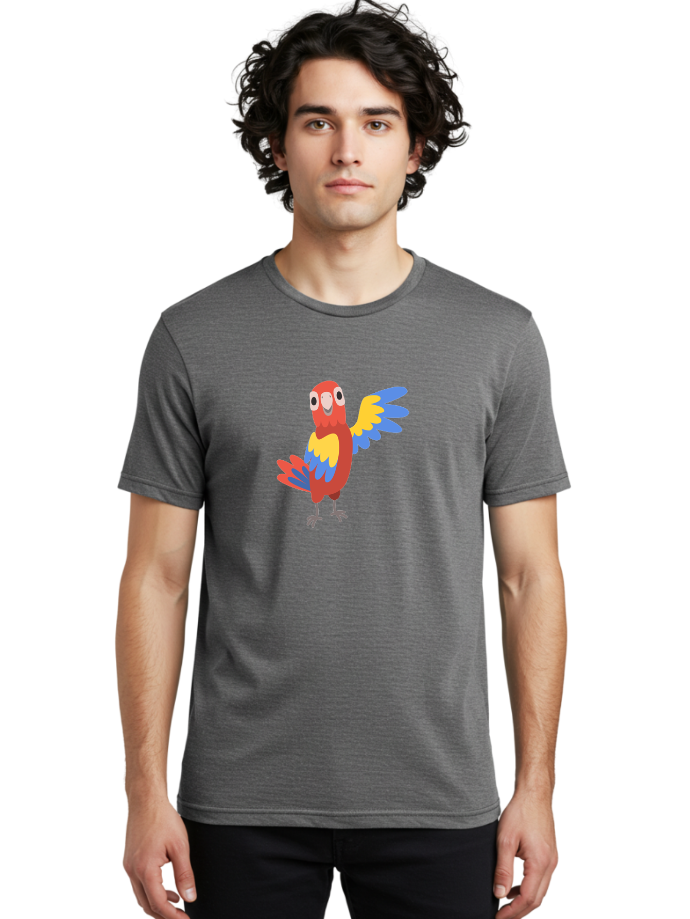 Parrot-1 Men'S Graphic Tee, 100% Cotton, Comfortable Casual Summer Wear, Machine Washable, Colorful Parrot, Cartoon Bird, Vibrant Red, Yellow, Blue Hues, Playful Wings, Happy Expression, Animated Character, Whimsical Design, Quirky Style Aab847