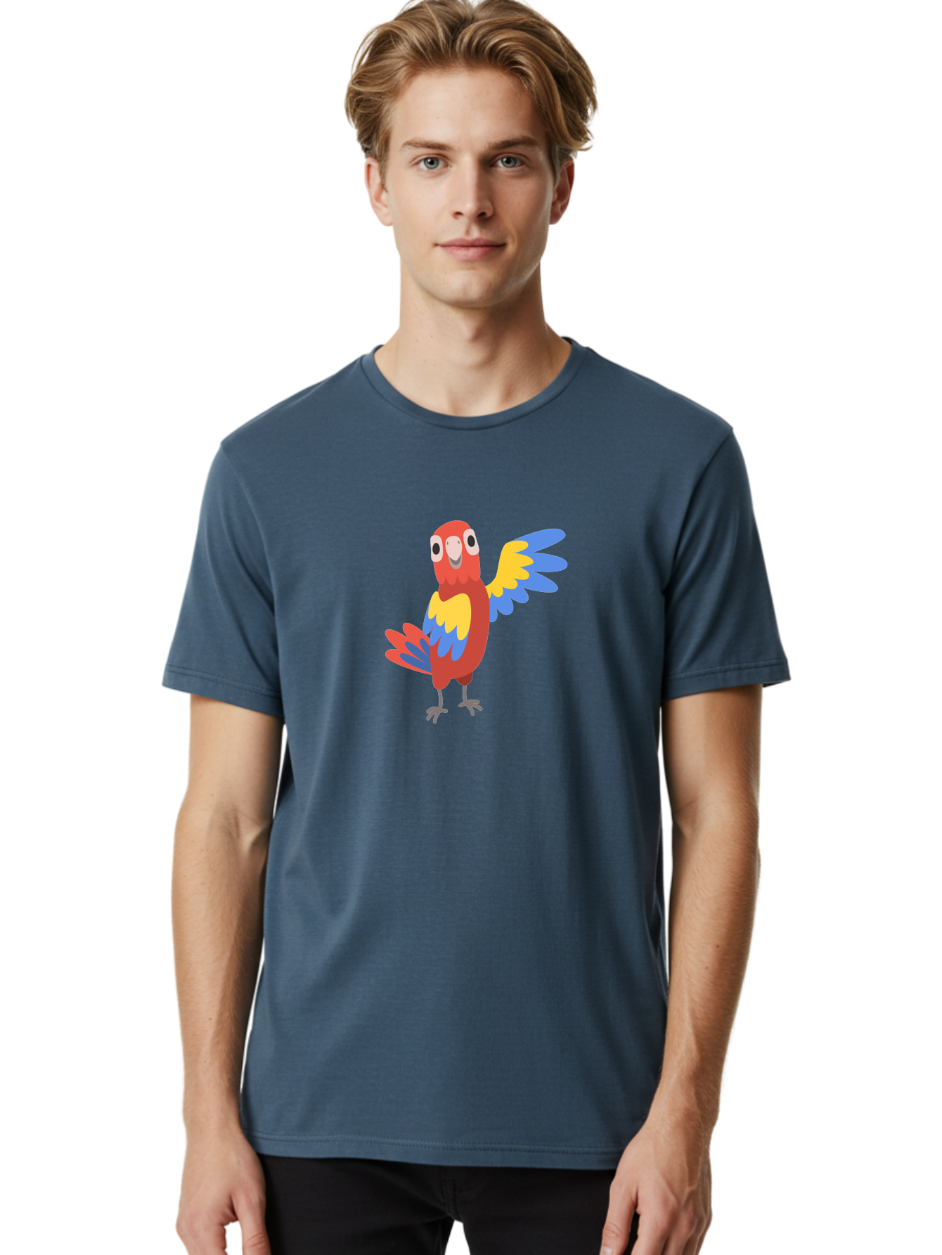 Parrot-1 Men'S Graphic Tee, 100% Cotton, Comfortable Casual Summer Wear, Machine Washable, Colorful Parrot, Cartoon Bird, Vibrant Red, Yellow, Blue Hues, Playful Wings, Happy Expression, Animated Character, Whimsical Design, Quirky Style Aab847