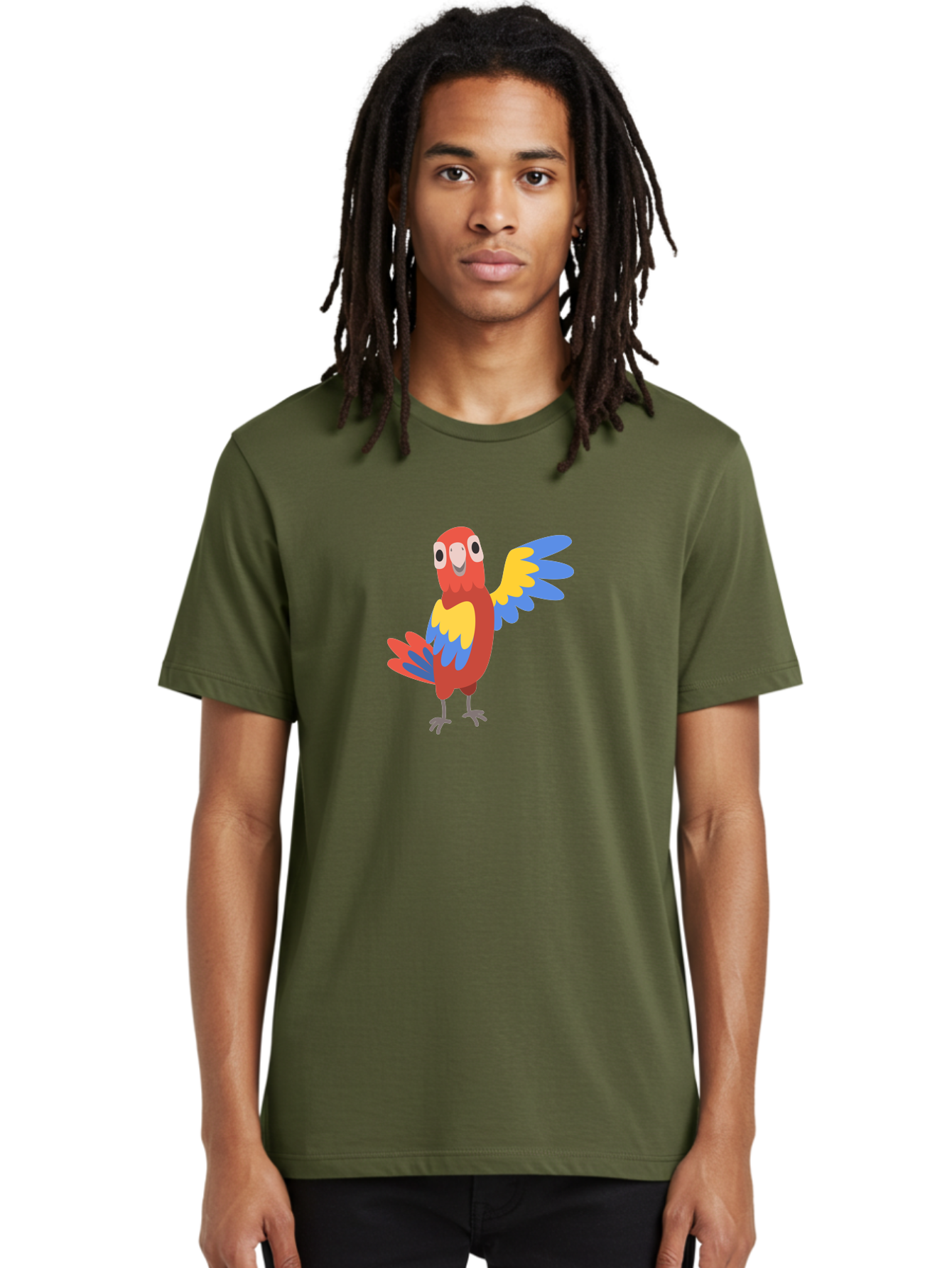 Parrot-1 Men'S Graphic Tee, 100% Cotton, Comfortable Casual Summer Wear, Machine Washable, Colorful Parrot, Cartoon Bird, Vibrant Red, Yellow, Blue Hues, Playful Wings, Happy Expression, Animated Character, Whimsical Design, Quirky Style Aab847