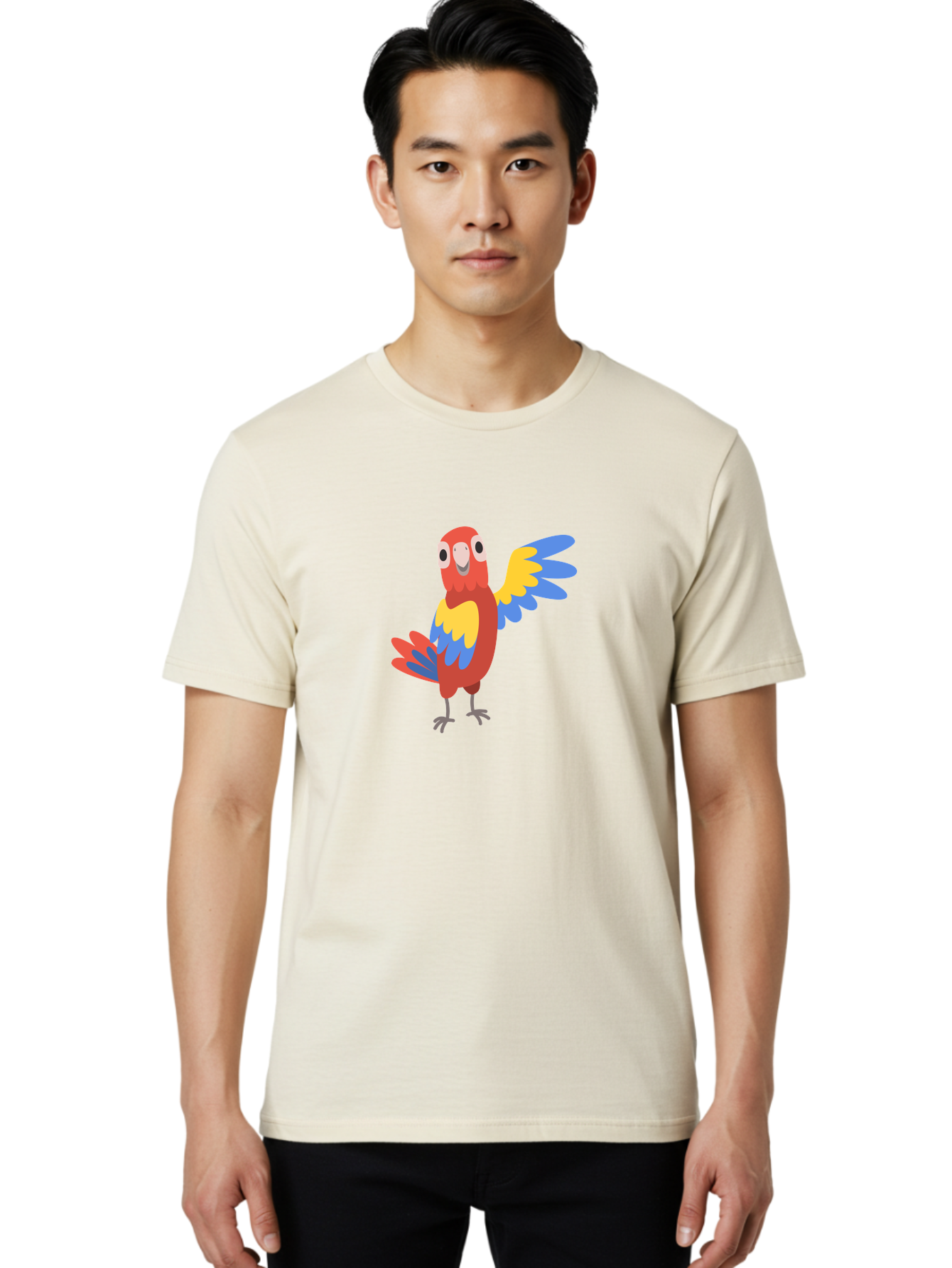Parrot-1 Men'S Graphic Tee, 100% Cotton, Comfortable Casual Summer Wear, Machine Washable, Colorful Parrot, Cartoon Bird, Vibrant Red, Yellow, Blue Hues, Playful Wings, Happy Expression, Animated Character, Whimsical Design, Quirky Style Aab847