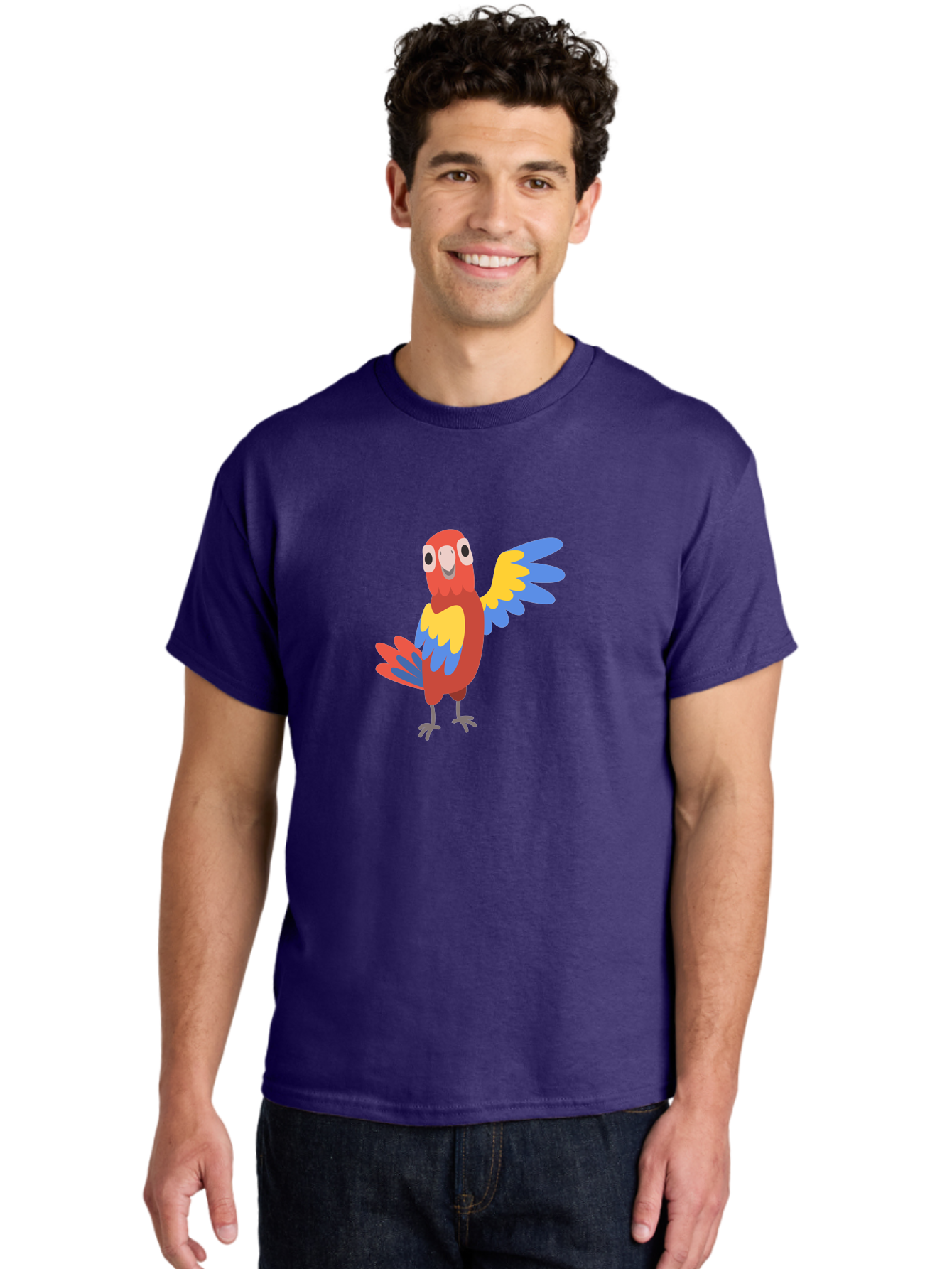 Parrot-1 Men'S Graphic Tee, 100% Cotton, Comfortable Casual Summer Wear, Machine Washable, Colorful Parrot, Cartoon Bird, Vibrant Red, Yellow, Blue Hues, Playful Wings, Happy Expression, Animated Character, Whimsical Design, Quirky Style Aab847