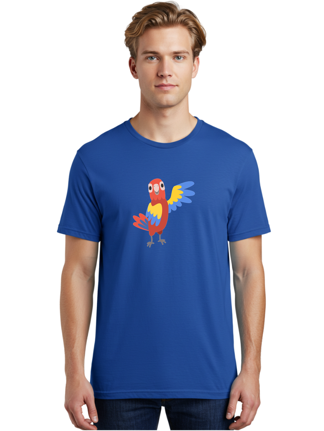 Parrot-1 Men'S Graphic Tee, 100% Cotton, Comfortable Casual Summer Wear, Machine Washable, Colorful Parrot, Cartoon Bird, Vibrant Red, Yellow, Blue Hues, Playful Wings, Happy Expression, Animated Character, Whimsical Design, Quirky Style Aab847