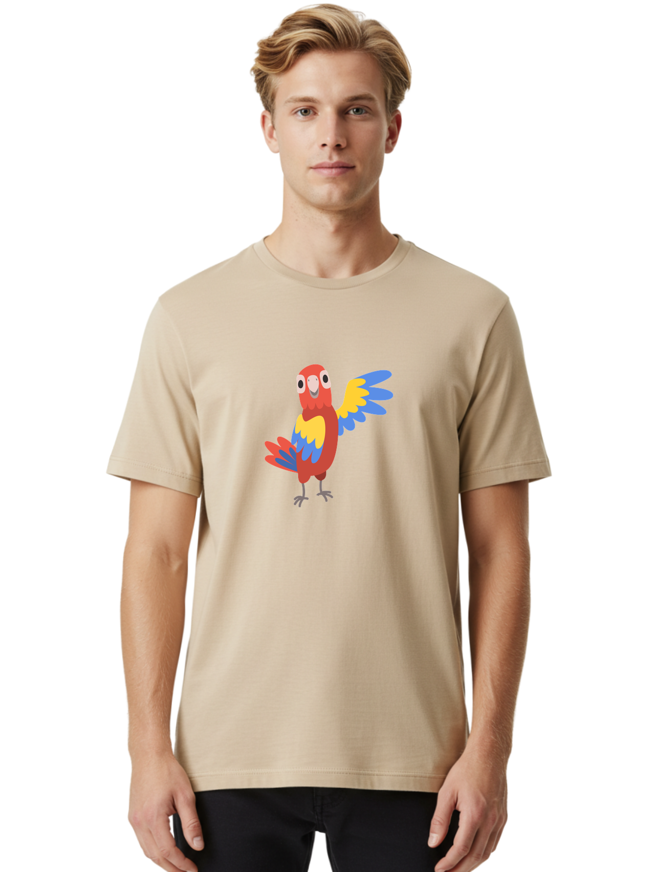 Parrot-1 Men'S Graphic Tee, 100% Cotton, Comfortable Casual Summer Wear, Machine Washable, Colorful Parrot, Cartoon Bird, Vibrant Red, Yellow, Blue Hues, Playful Wings, Happy Expression, Animated Character, Whimsical Design, Quirky Style Aab847
