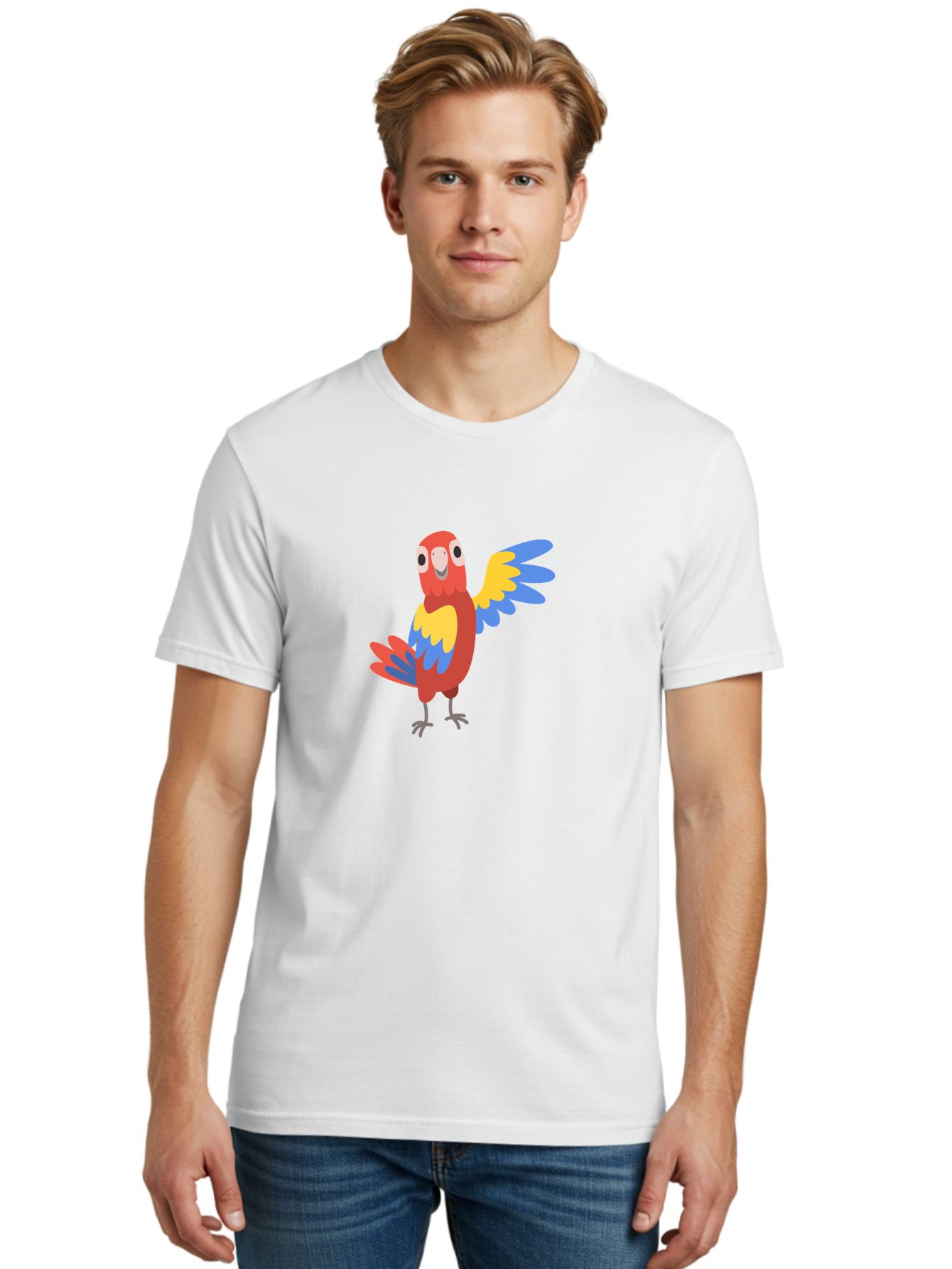 Parrot-1 Men'S Graphic Tee, 100% Cotton, Comfortable Casual Summer Wear, Machine Washable, Colorful Parrot, Cartoon Bird, Vibrant Red, Yellow, Blue Hues, Playful Wings, Happy Expression, Animated Character, Whimsical Design, Quirky Style Aab847