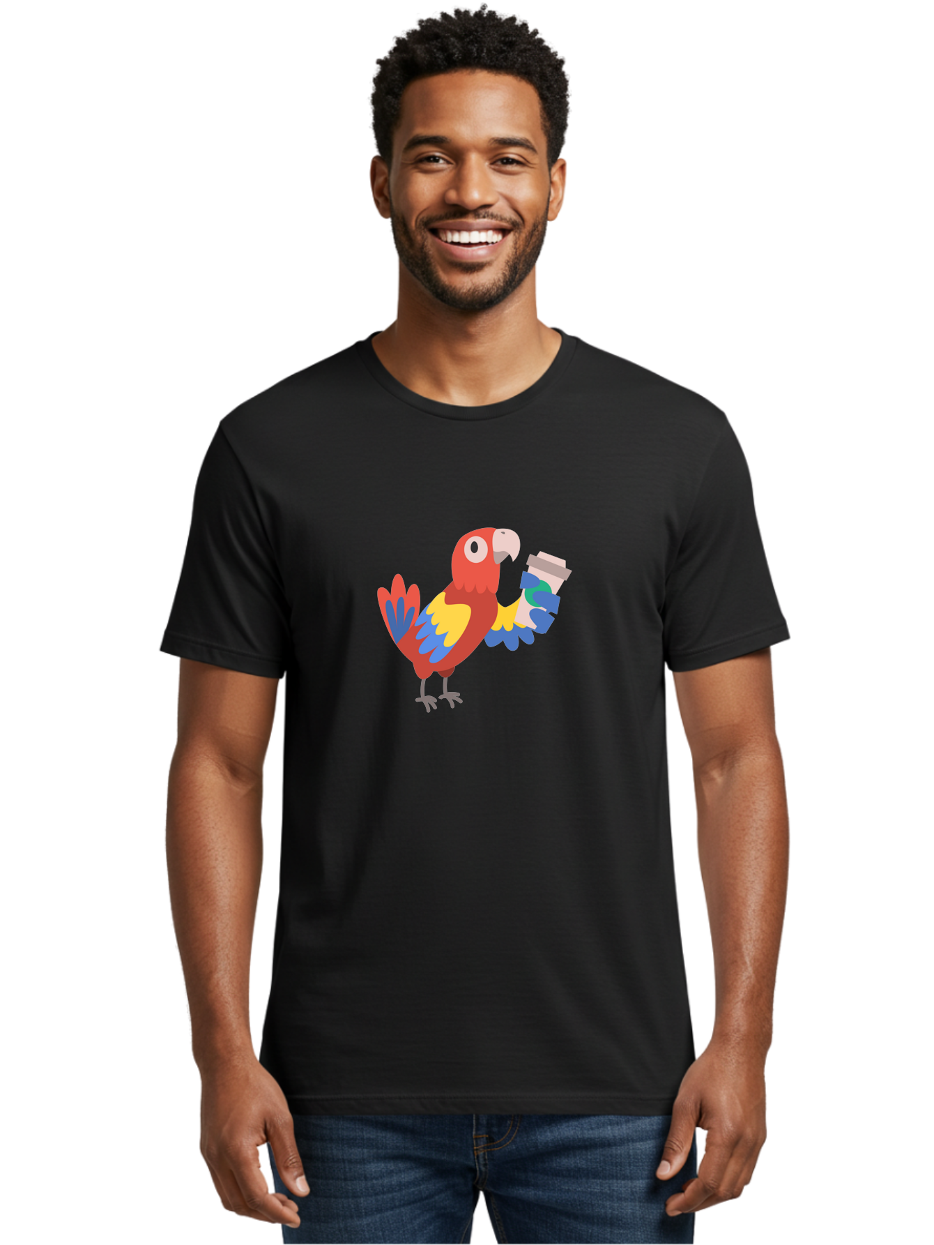 Parrot-2 Men'S Graphic Tee, 100% Cotton, Comfortable Casual Summer Wear, Machine Washable, Colorful Parrot, Cartoon Bird, Coffee Cup, Vibrant Feathers, Playful Illustration, Tropical Bird, Coffee Love, Exotic Pet Aab850