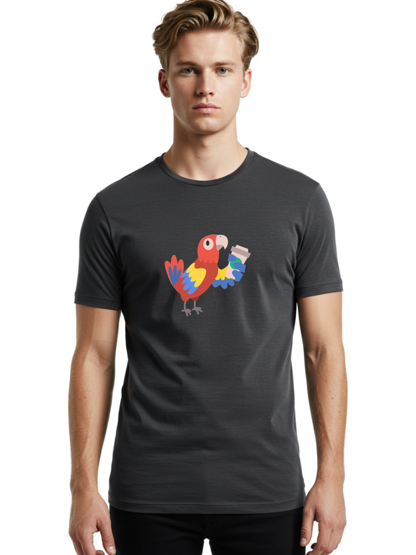 Parrot-2 Men'S Graphic Tee, 100% Cotton, Comfortable Casual Summer Wear, Machine Washable, Colorful Parrot, Cartoon Bird, Coffee Cup, Vibrant Feathers, Playful Illustration, Tropical Bird, Coffee Love, Exotic Pet Aab850