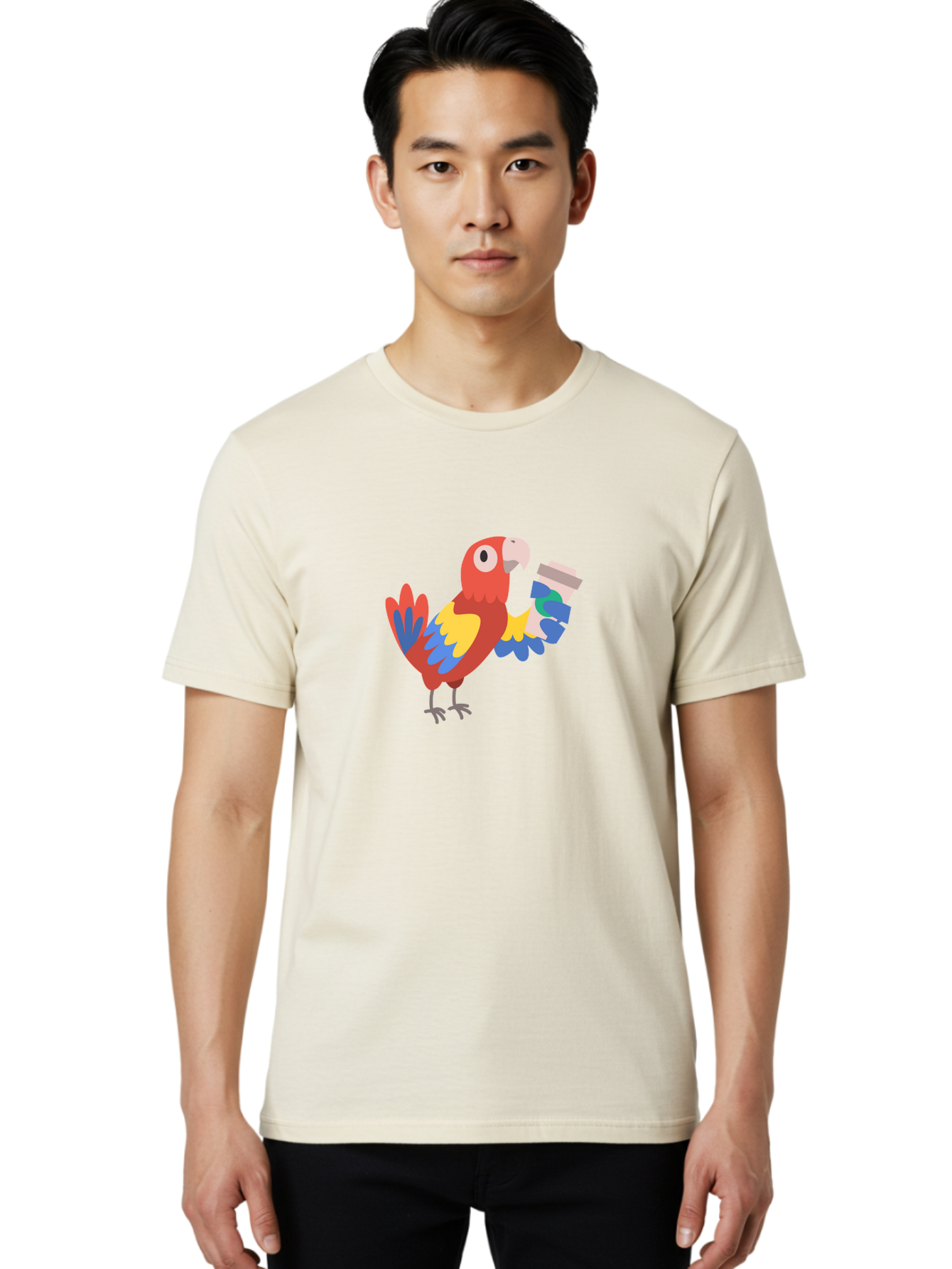 Parrot-2 Men'S Graphic Tee, 100% Cotton, Comfortable Casual Summer Wear, Machine Washable, Colorful Parrot, Cartoon Bird, Coffee Cup, Vibrant Feathers, Playful Illustration, Tropical Bird, Coffee Love, Exotic Pet Aab850