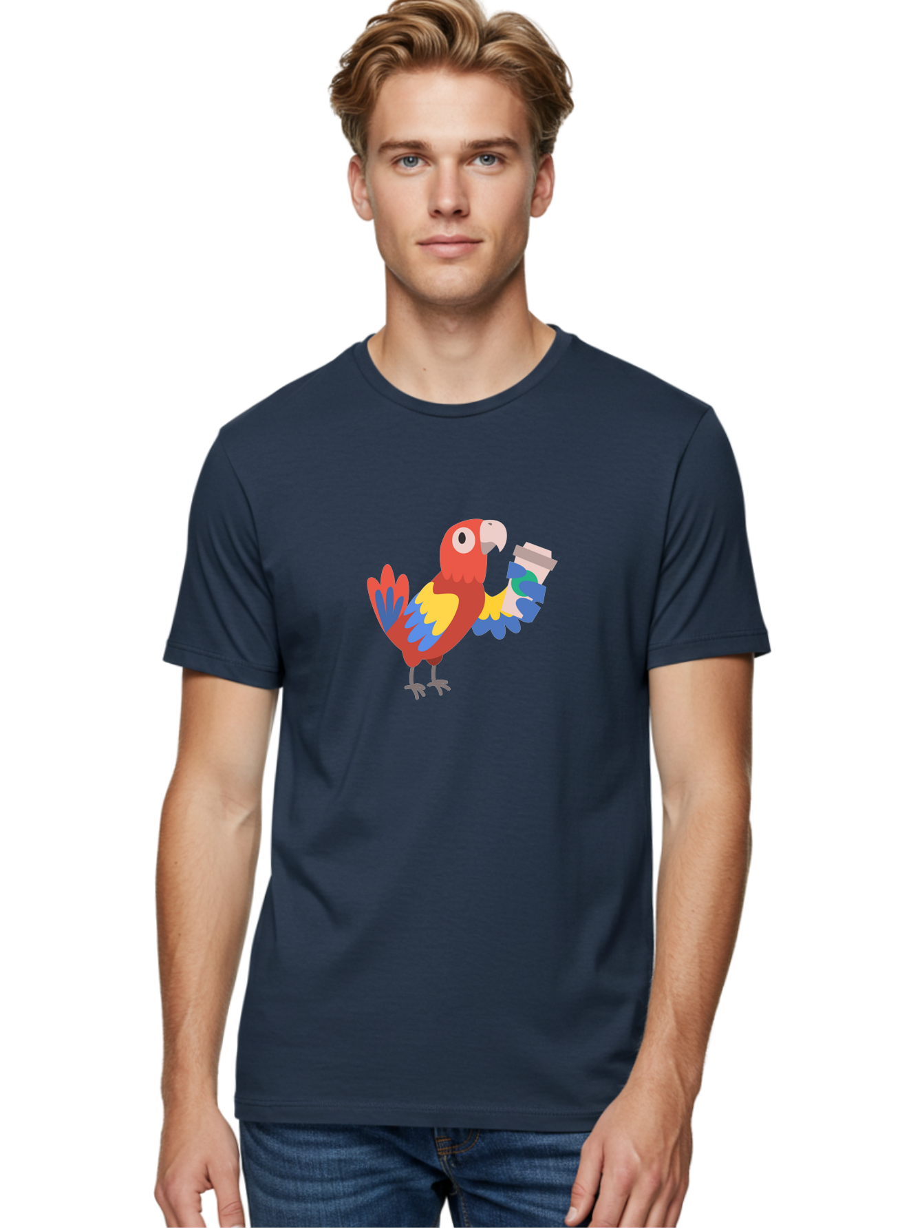 Parrot-2 Men'S Graphic Tee, 100% Cotton, Comfortable Casual Summer Wear, Machine Washable, Colorful Parrot, Cartoon Bird, Coffee Cup, Vibrant Feathers, Playful Illustration, Tropical Bird, Coffee Love, Exotic Pet Aab850