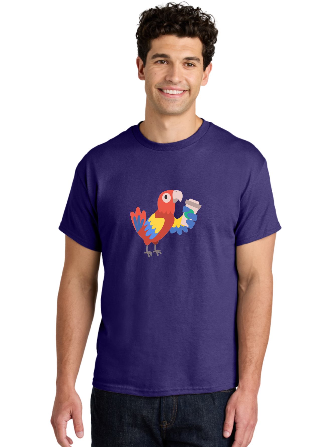 Parrot-2 Men'S Graphic Tee, 100% Cotton, Comfortable Casual Summer Wear, Machine Washable, Colorful Parrot, Cartoon Bird, Coffee Cup, Vibrant Feathers, Playful Illustration, Tropical Bird, Coffee Love, Exotic Pet Aab850