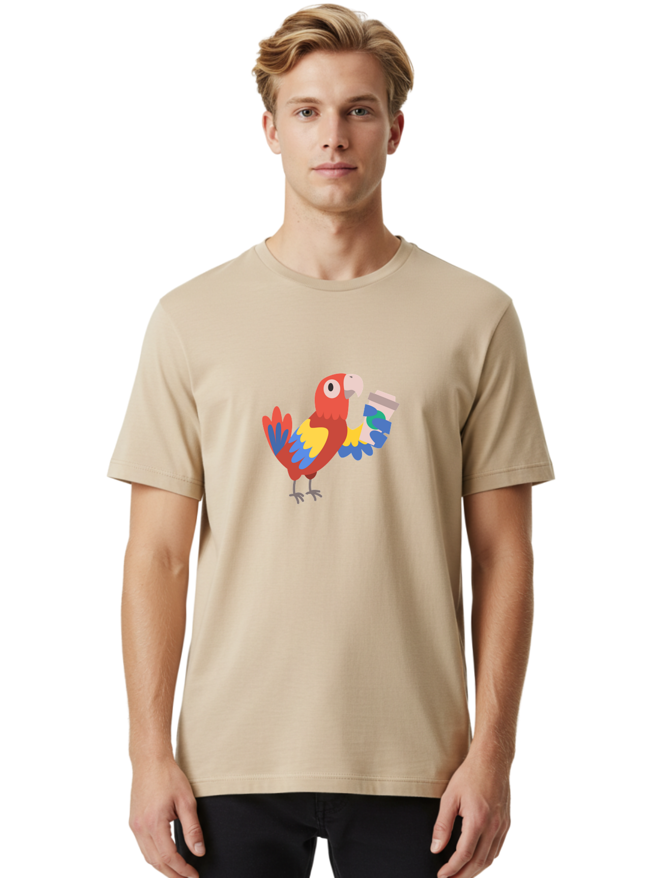 Parrot-2 Men'S Graphic Tee, 100% Cotton, Comfortable Casual Summer Wear, Machine Washable, Colorful Parrot, Cartoon Bird, Coffee Cup, Vibrant Feathers, Playful Illustration, Tropical Bird, Coffee Love, Exotic Pet Aab850