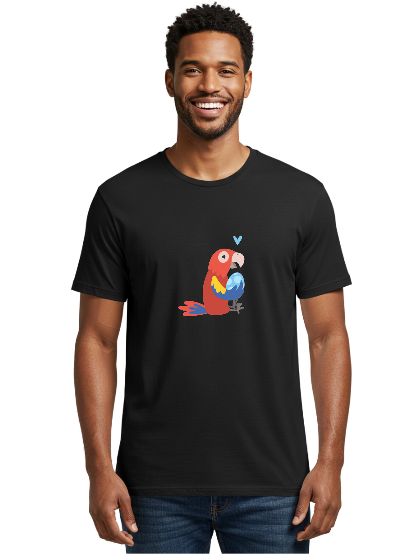 Parrot-3 Men'S Graphic Tee, 100% Cotton, Comfortable Casual Summer Wear, Machine Washable, Colorful Parrot, Red Bird, Blue Wings, Yellow Feathers, Cartoon Character, Heart Above Head, Vibrant Colors, Cute Animal, Tropical Bird, Parrot Love Aab851