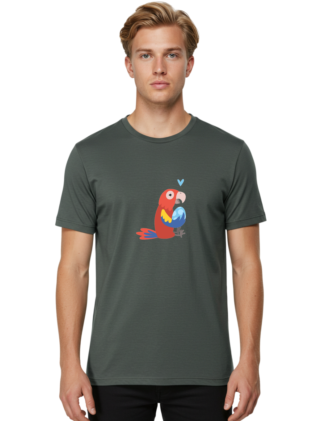 Parrot-3 Men'S Graphic Tee, 100% Cotton, Comfortable Casual Summer Wear, Machine Washable, Colorful Parrot, Red Bird, Blue Wings, Yellow Feathers, Cartoon Character, Heart Above Head, Vibrant Colors, Cute Animal, Tropical Bird, Parrot Love Aab851