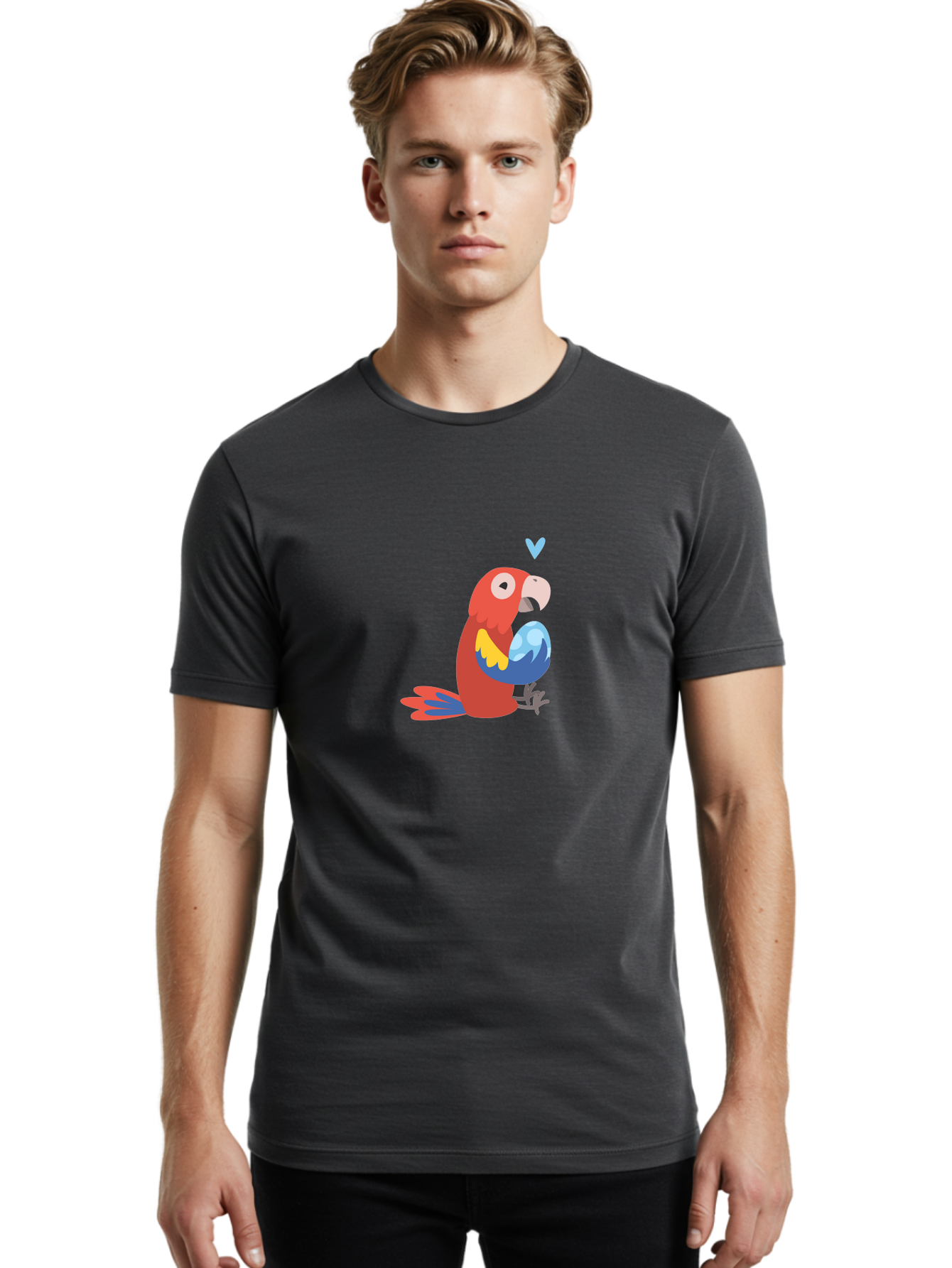 Parrot-3 Men'S Graphic Tee, 100% Cotton, Comfortable Casual Summer Wear, Machine Washable, Colorful Parrot, Red Bird, Blue Wings, Yellow Feathers, Cartoon Character, Heart Above Head, Vibrant Colors, Cute Animal, Tropical Bird, Parrot Love Aab851