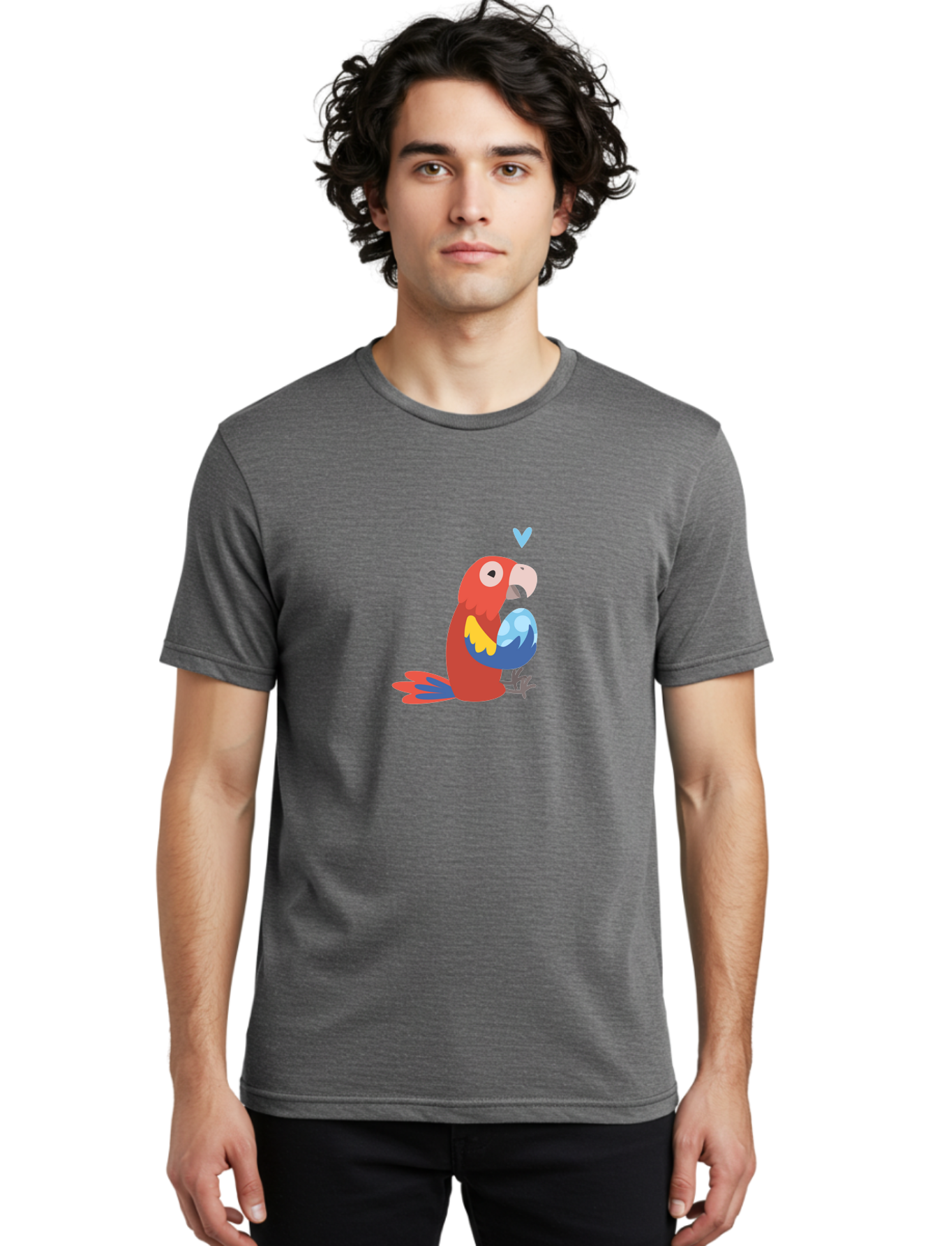 Parrot-3 Men'S Graphic Tee, 100% Cotton, Comfortable Casual Summer Wear, Machine Washable, Colorful Parrot, Red Bird, Blue Wings, Yellow Feathers, Cartoon Character, Heart Above Head, Vibrant Colors, Cute Animal, Tropical Bird, Parrot Love Aab851