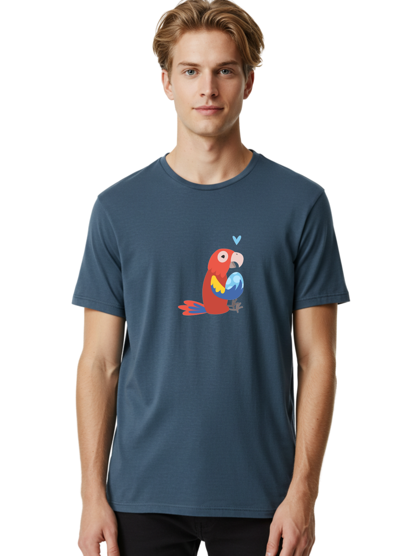 Parrot-3 Men'S Graphic Tee, 100% Cotton, Comfortable Casual Summer Wear, Machine Washable, Colorful Parrot, Red Bird, Blue Wings, Yellow Feathers, Cartoon Character, Heart Above Head, Vibrant Colors, Cute Animal, Tropical Bird, Parrot Love Aab851