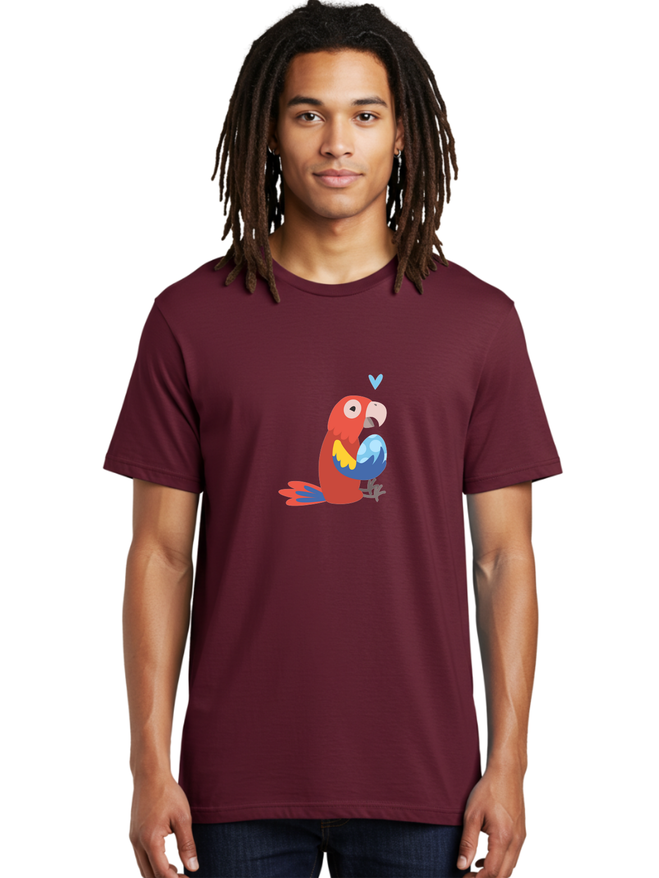Parrot-3 Men'S Graphic Tee, 100% Cotton, Comfortable Casual Summer Wear, Machine Washable, Colorful Parrot, Red Bird, Blue Wings, Yellow Feathers, Cartoon Character, Heart Above Head, Vibrant Colors, Cute Animal, Tropical Bird, Parrot Love Aab851