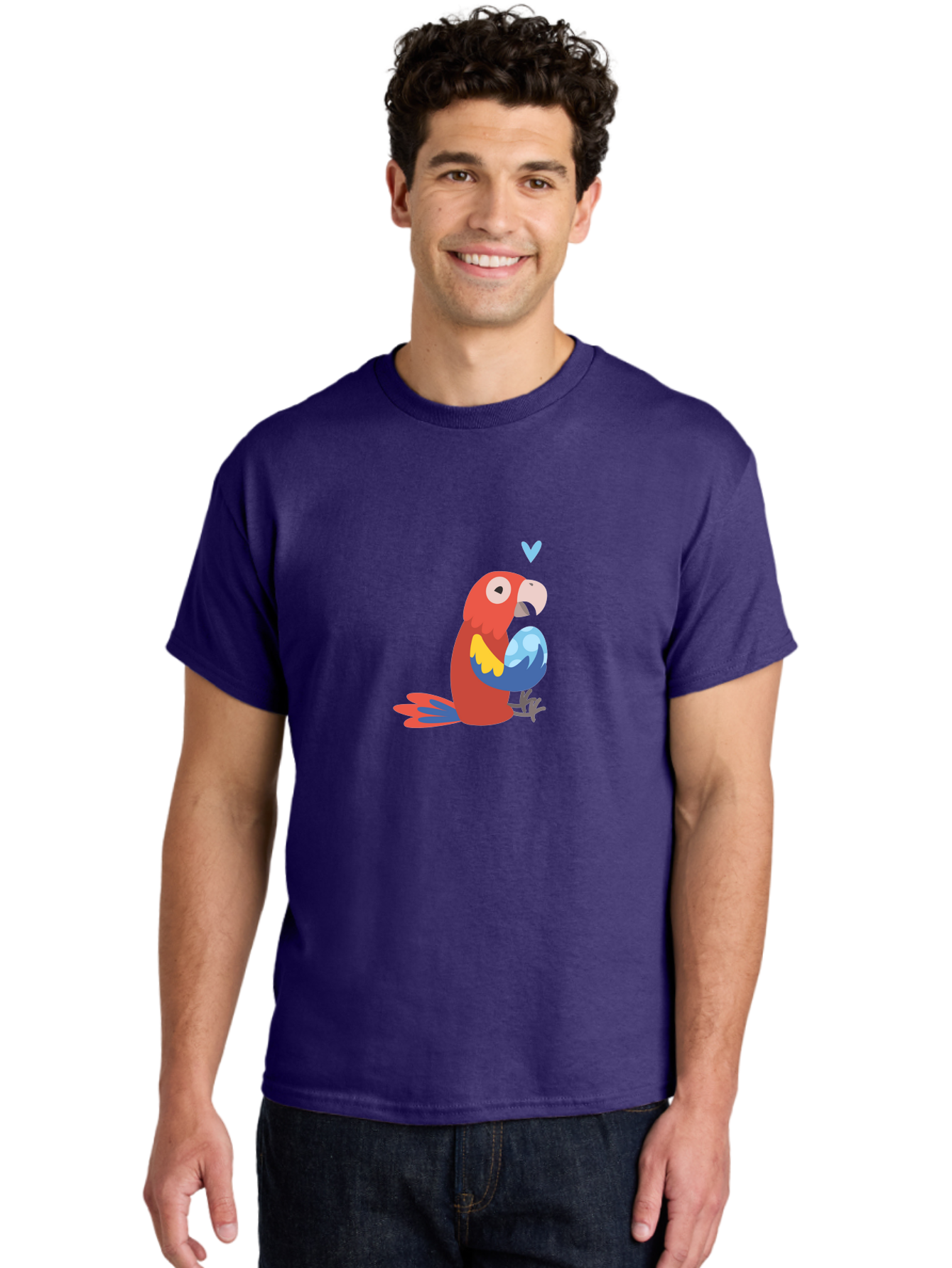 Parrot-3 Men'S Graphic Tee, 100% Cotton, Comfortable Casual Summer Wear, Machine Washable, Colorful Parrot, Red Bird, Blue Wings, Yellow Feathers, Cartoon Character, Heart Above Head, Vibrant Colors, Cute Animal, Tropical Bird, Parrot Love Aab851